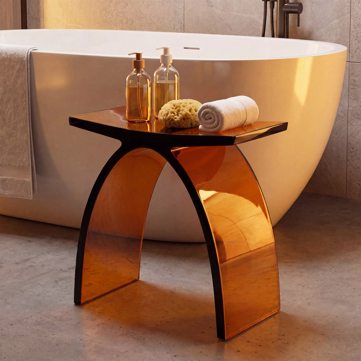 Translucent Resin Arched Solid Surface Bathroom Shower Bench in Glossy Smoke Black/Amber
