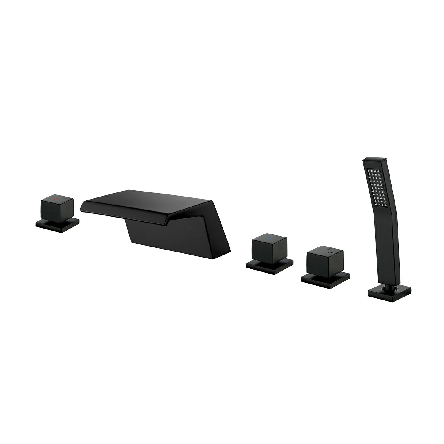 5-Hole Waterfall Deck-Mounted Bathtub Faucet with Hand Shower in Matte Black/Brushed Gold