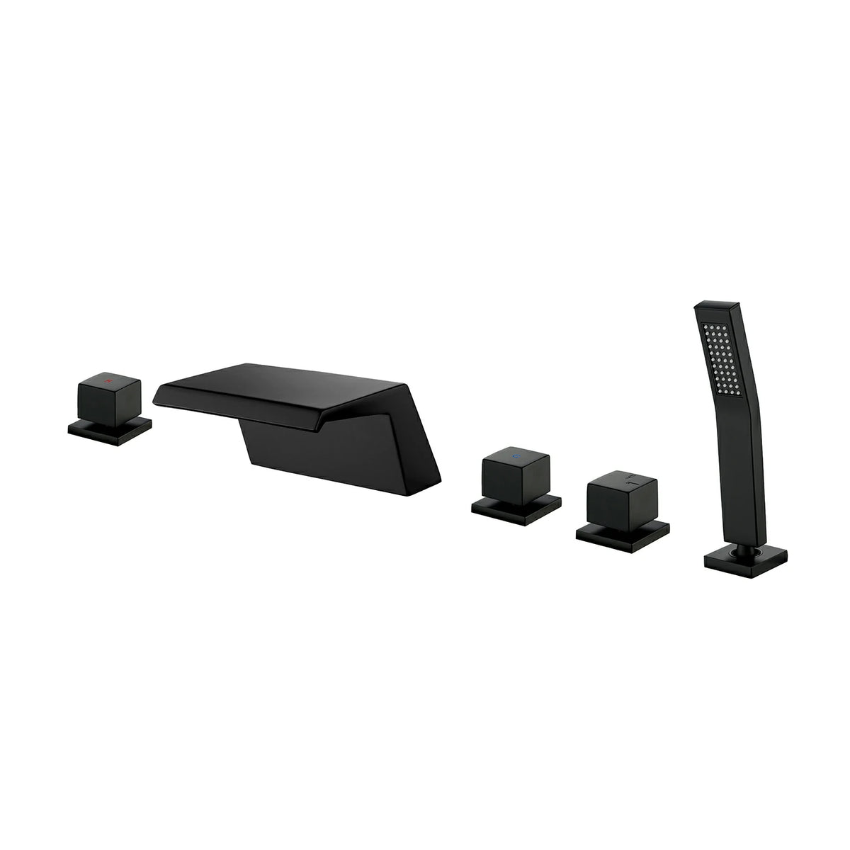 5-Hole Waterfall Deck-Mounted Bathtub Faucet with Hand Shower in Matte Black/Brushed Gold