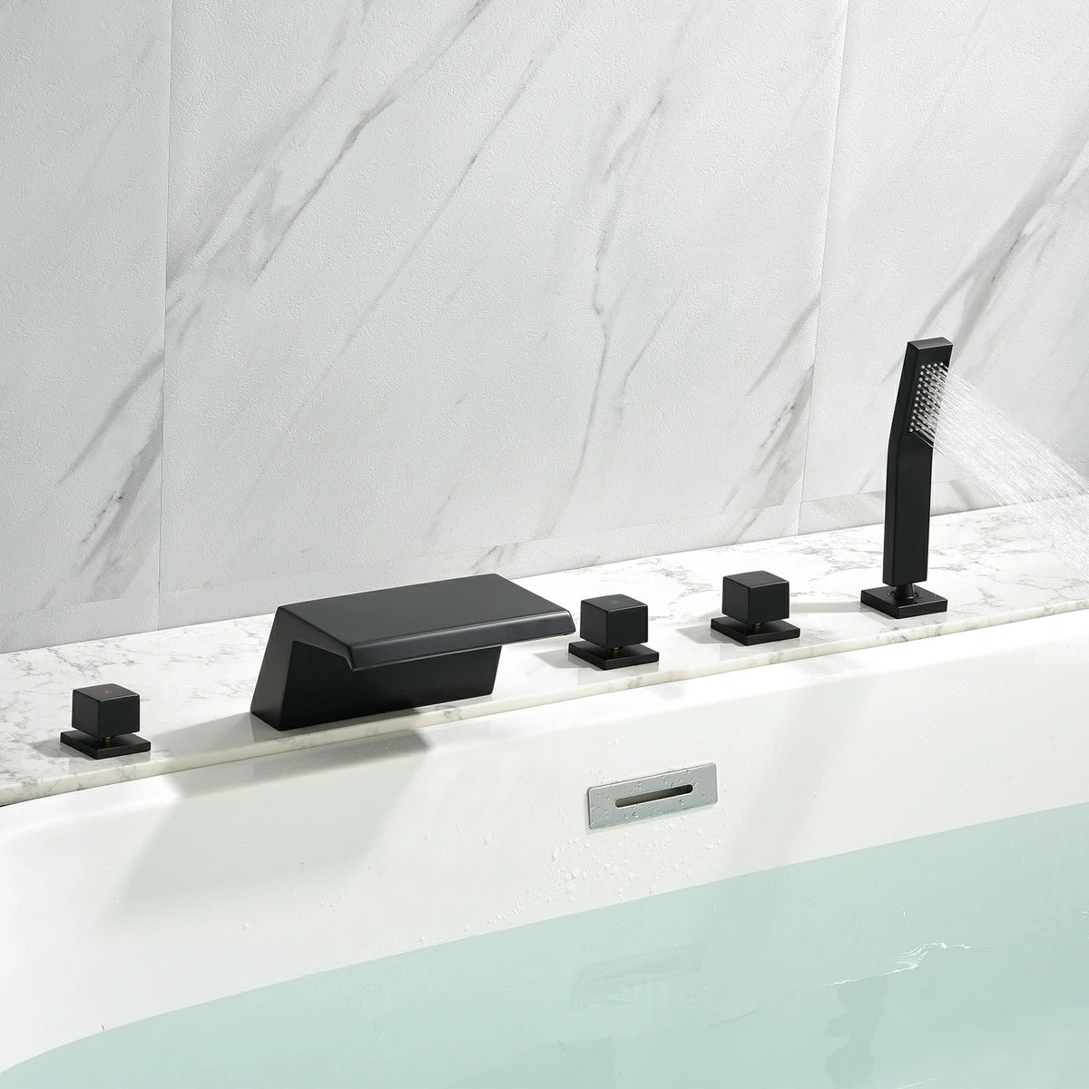 5-Hole Waterfall Deck-Mounted Bathtub Faucet with Hand Shower in Matte Black/Brushed Gold