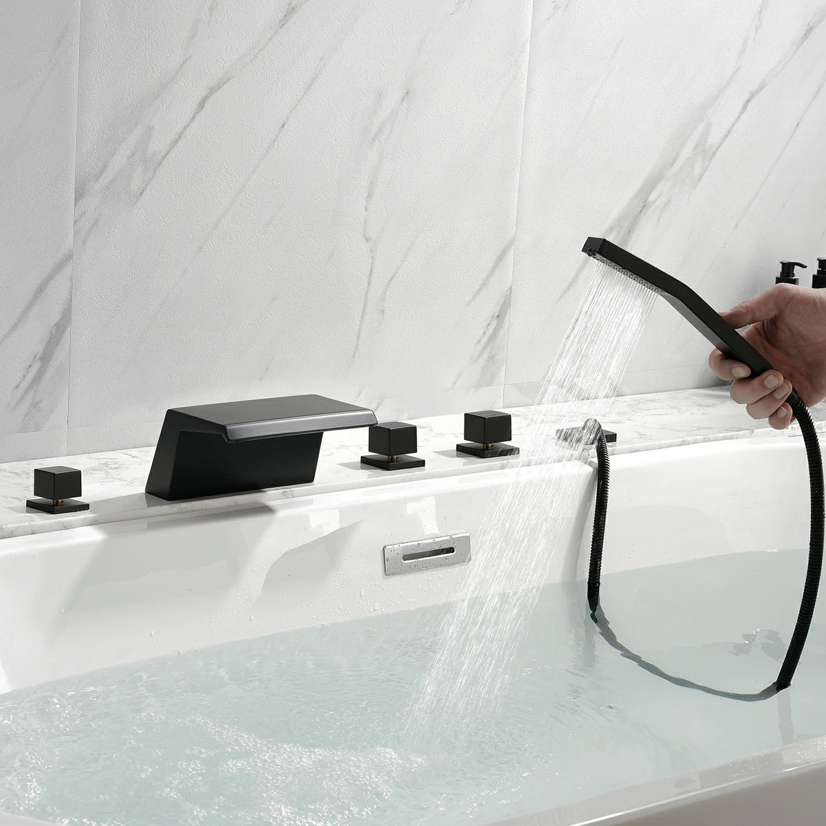 5-Hole Waterfall Deck-Mounted Bathtub Faucet with Hand Shower in Matte Black/Brushed Gold
