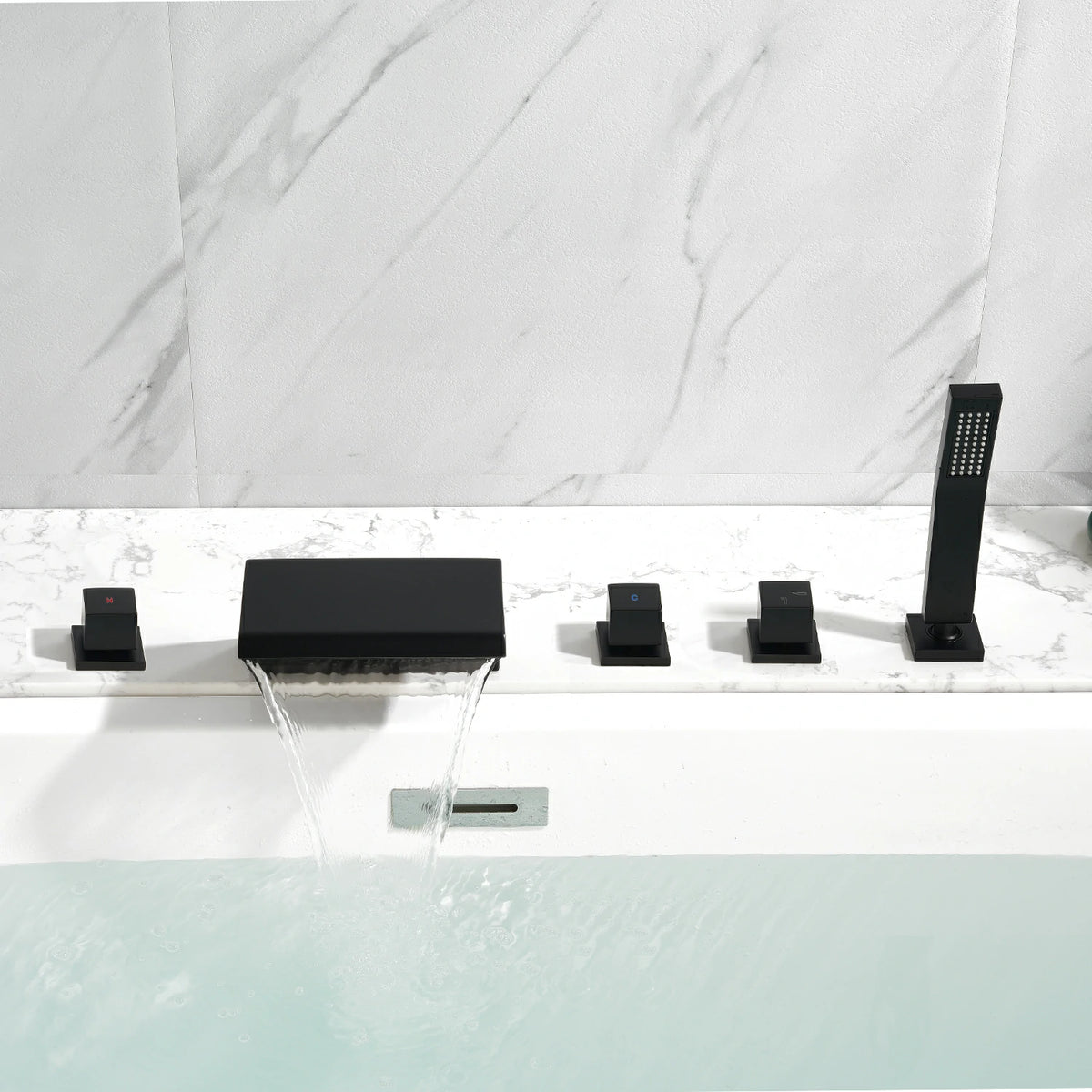 5-Hole Waterfall Deck-Mounted Bathtub Faucet with Hand Shower in Matte Black/Brushed Gold