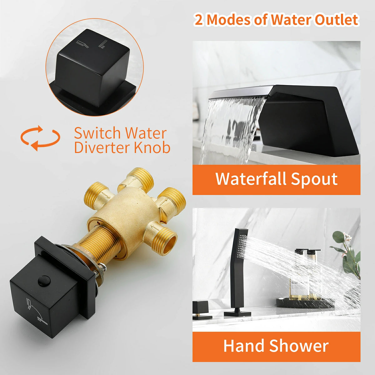 5-Hole Waterfall Deck-Mounted Bathtub Faucet with Hand Shower in Matte Black/Brushed Gold