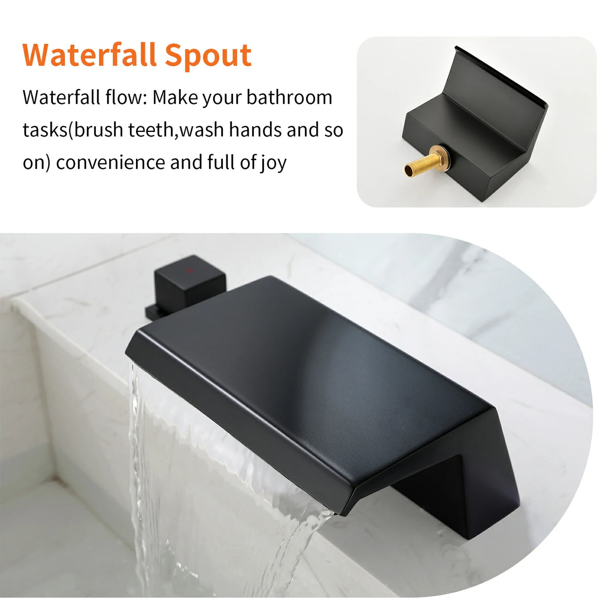 5-Hole Waterfall Deck-Mounted Bathtub Faucet with Hand Shower in Matte Black/Brushed Gold