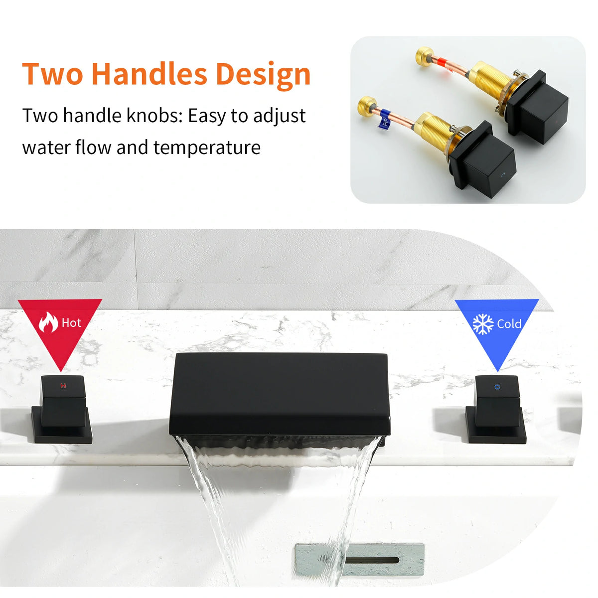 5-Hole Waterfall Deck-Mounted Bathtub Faucet with Hand Shower in Matte Black/Brushed Gold