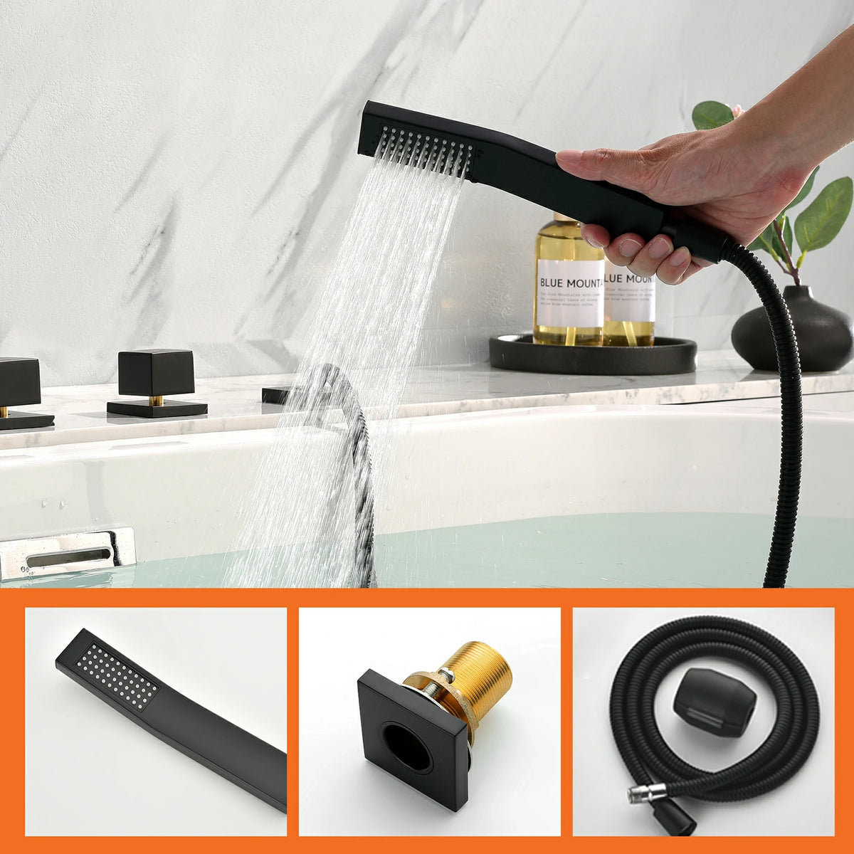 5-Hole Waterfall Deck-Mounted Bathtub Faucet with Hand Shower in Matte Black/Brushed Gold