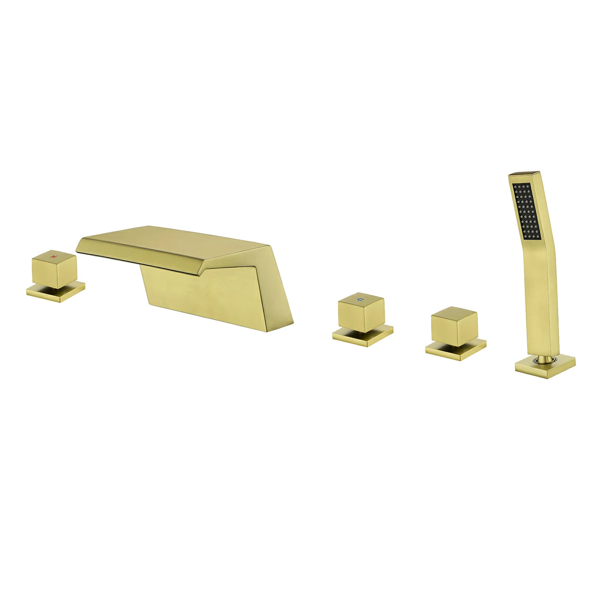 5-Hole Waterfall Deck-Mounted Bathtub Faucet with Hand Shower in Matte Black/Brushed Gold