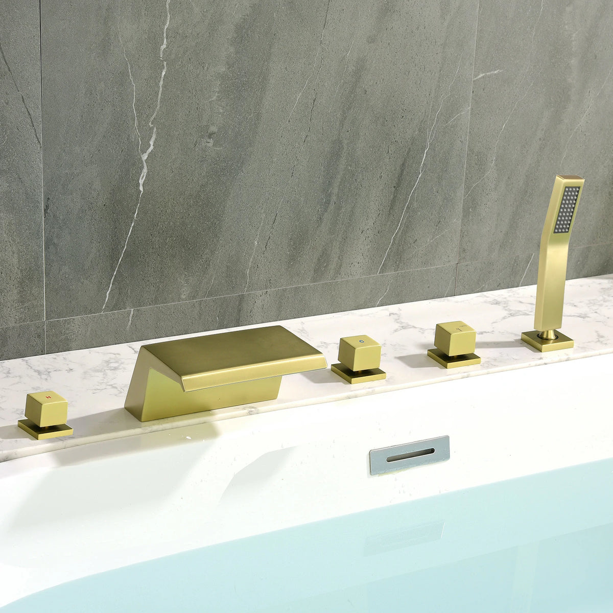 5-Hole Waterfall Deck-Mounted Bathtub Faucet with Hand Shower in Matte Black/Brushed Gold