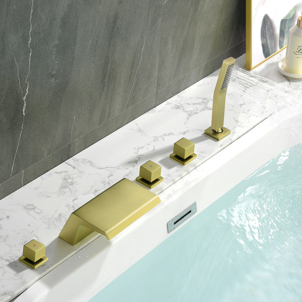 5-Hole Waterfall Deck-Mounted Bathtub Faucet with Hand Shower in Matte Black/Brushed Gold