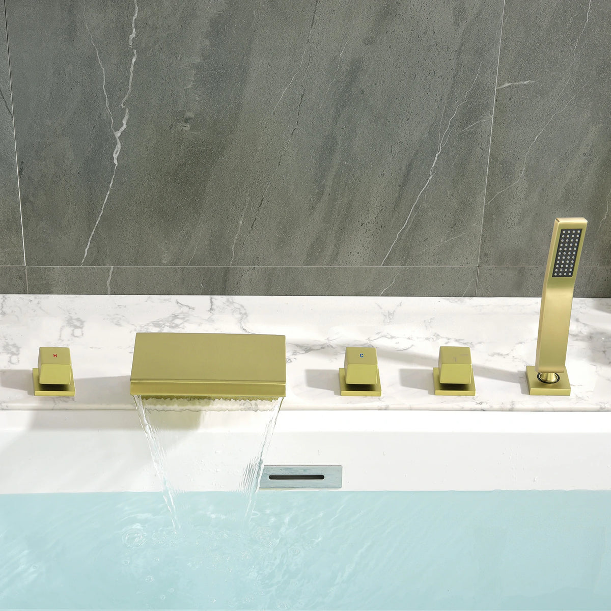 5-Hole Waterfall Deck-Mounted Bathtub Faucet with Hand Shower in Matte Black/Brushed Gold