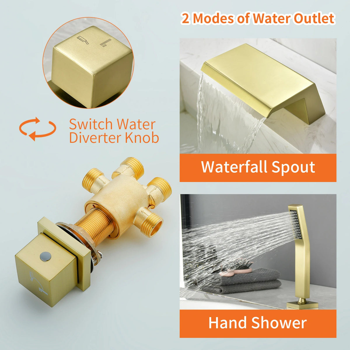 5-Hole Waterfall Deck-Mounted Bathtub Faucet with Hand Shower in Matte Black/Brushed Gold
