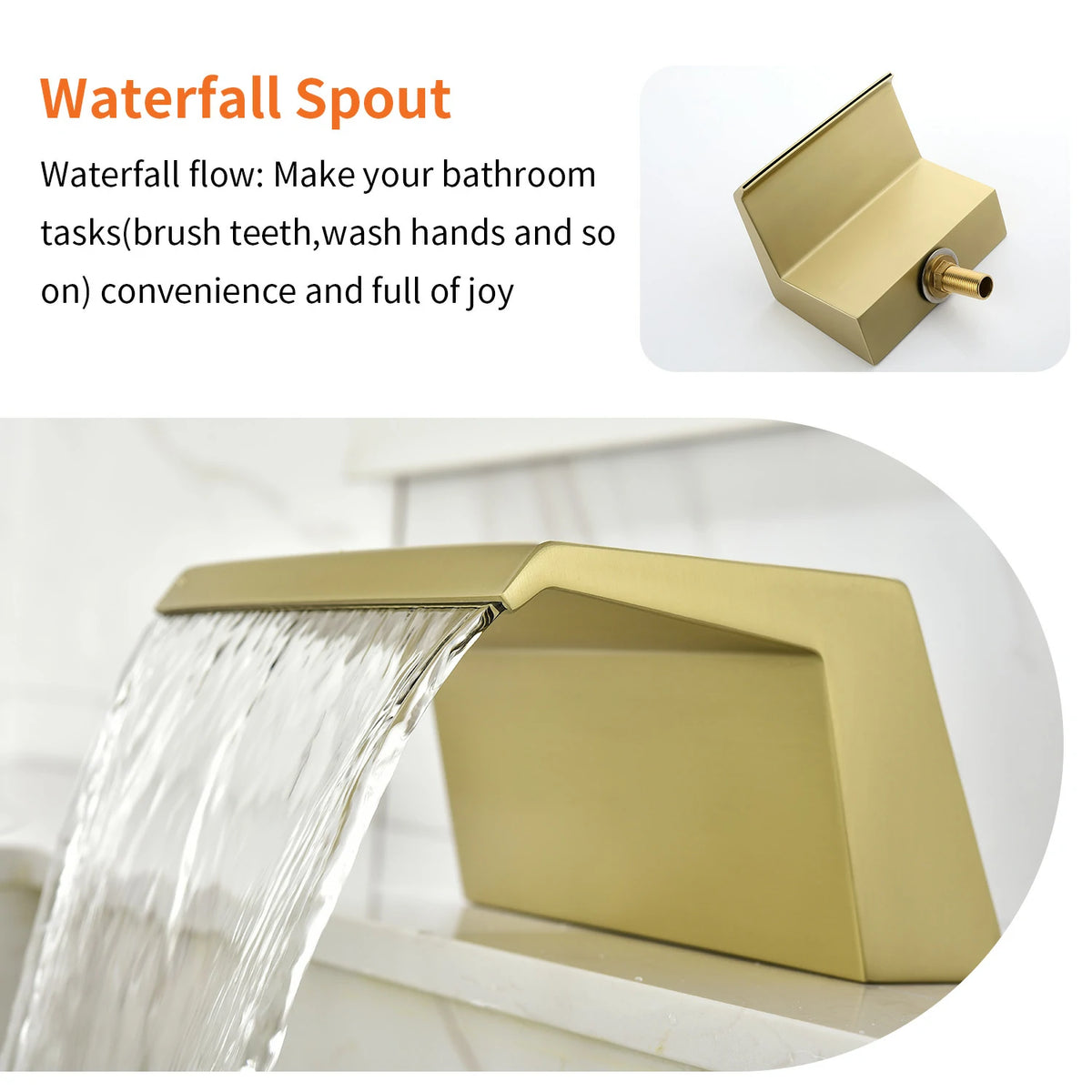 5-Hole Waterfall Deck-Mounted Bathtub Faucet with Hand Shower in Matte Black/Brushed Gold