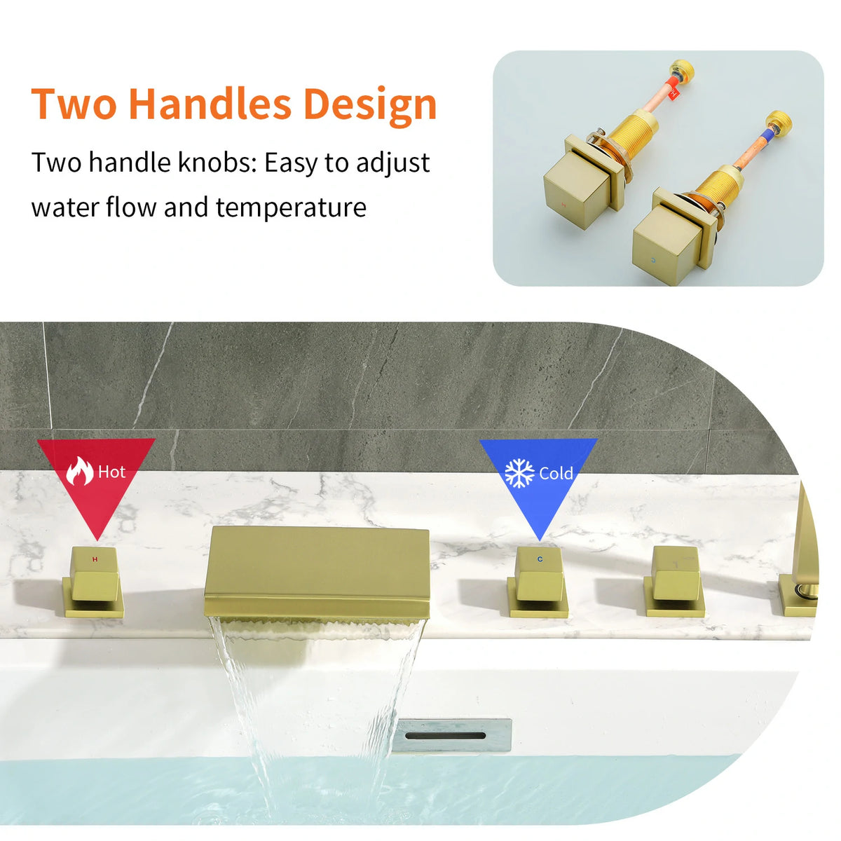 5-Hole Waterfall Deck-Mounted Bathtub Faucet with Hand Shower in Matte Black/Brushed Gold