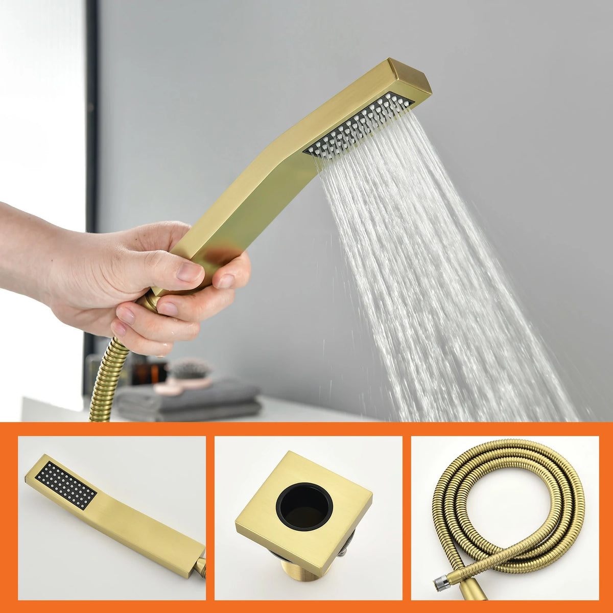 5-Hole Waterfall Deck-Mounted Bathtub Faucet with Hand Shower in Matte Black/Brushed Gold