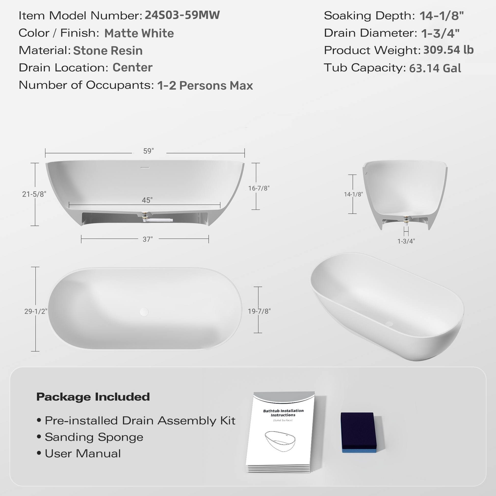 59" Freestanding Stone Resin Soaking Tub with Overflow & Pop-Up Drain