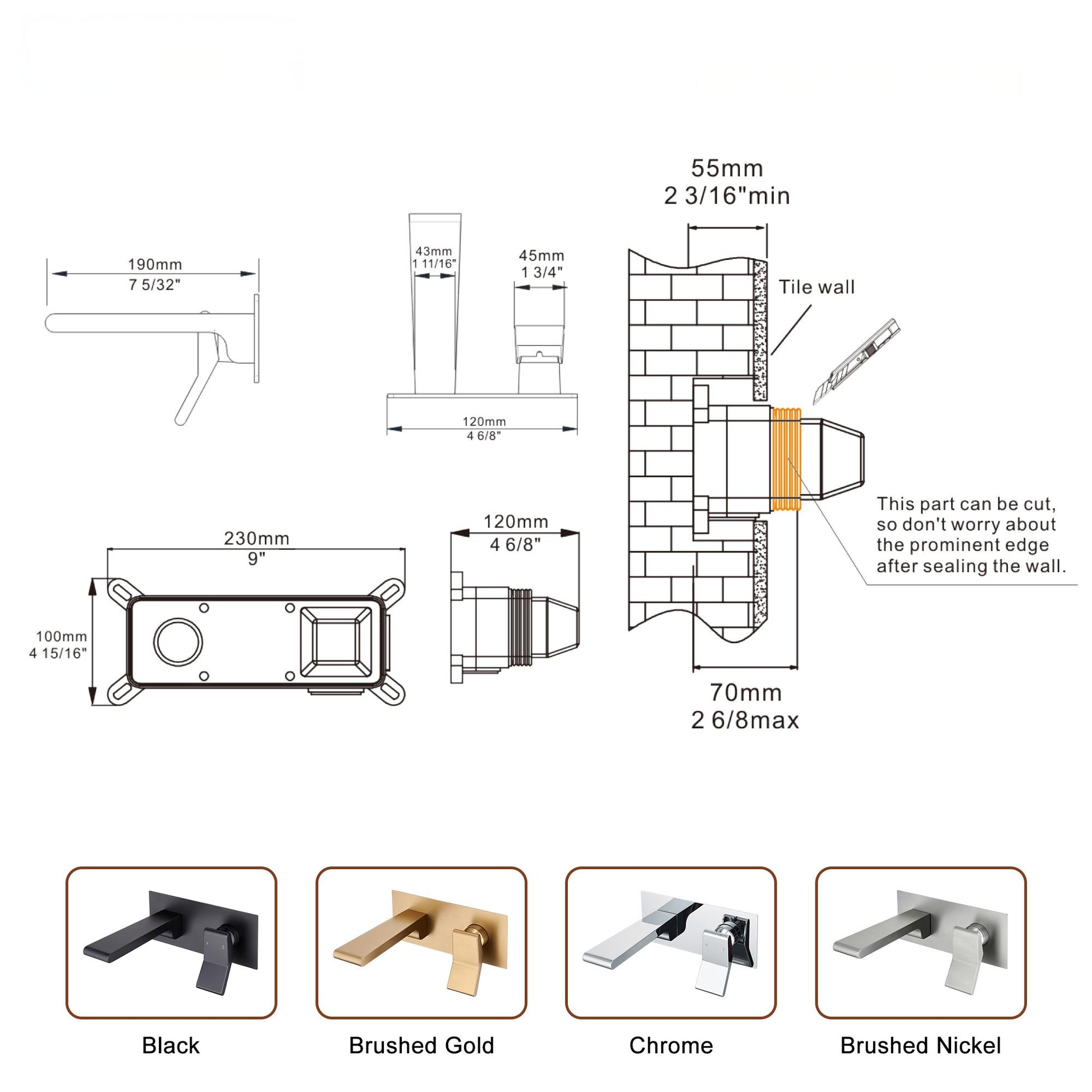 Modern Single Handle Wall Mount Bathroom Faucet with Brass Spout & Plate
