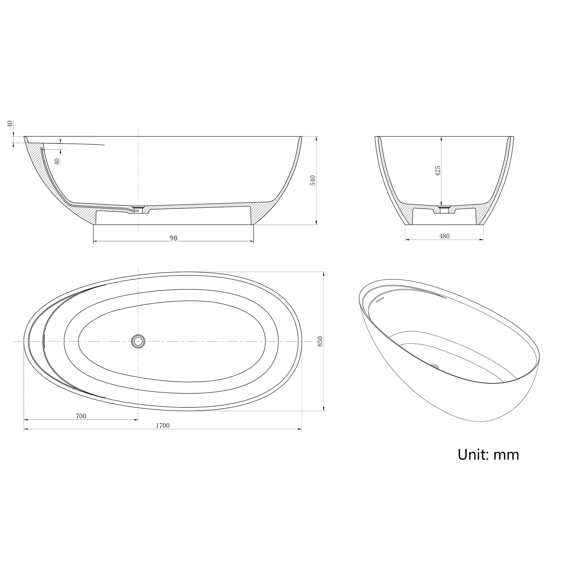 67" Luxury Freestanding Egg-Shaped Solid Surface Soaking Tub with Crescent Deck