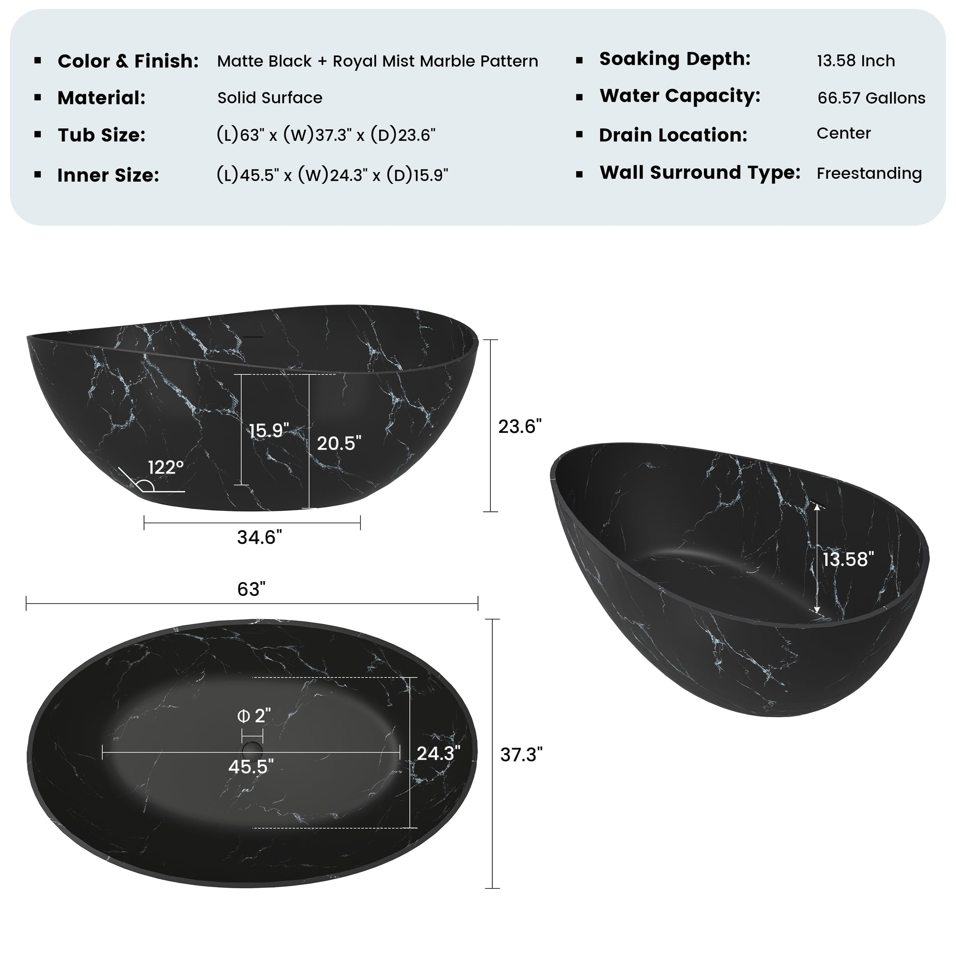 63" Artistic Marble Sculptural Solid Surface Freestanding Soaking Bathtub