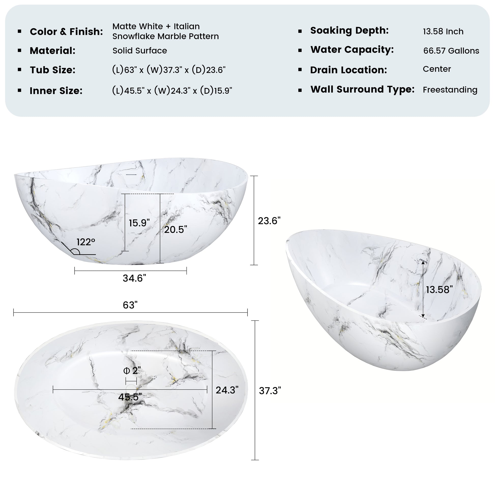 63" Artistic Marble Sculptural Solid Surface Freestanding Soaking Bathtub