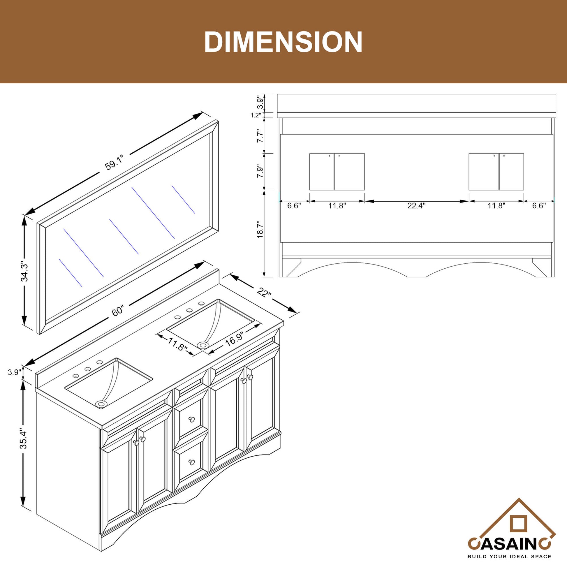 CASAINC 60 x 22 x 35.4 in. Solid Wood Bath Vanity with Marble Top and Backsplash in Gray/White (No/With Mirror)