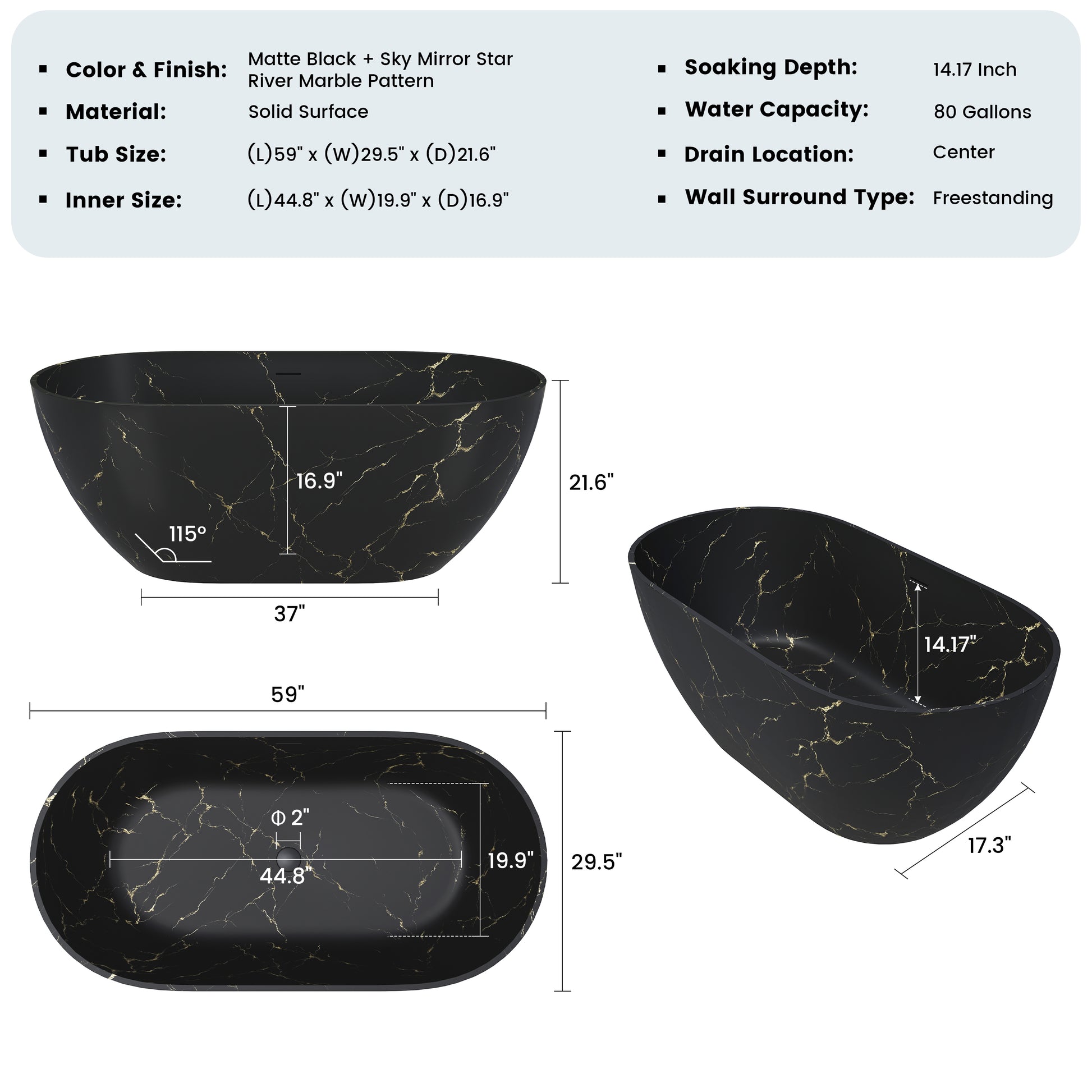 59" Oval Solid Surface Freestanding Bathtub with Black & Gold Star River Pattern