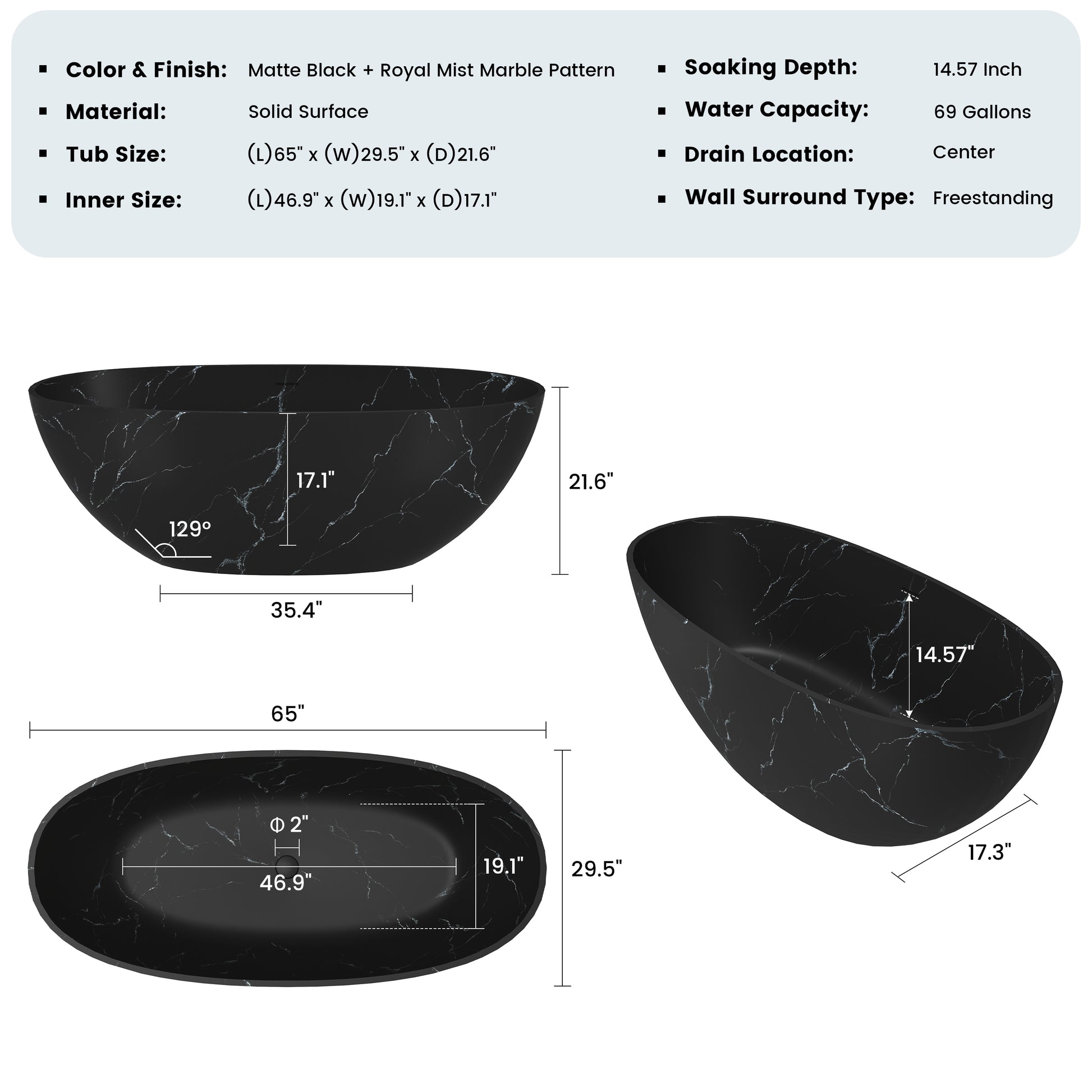65" Freestanding Solid Surface Oval Bathtub in Marble Look Finish