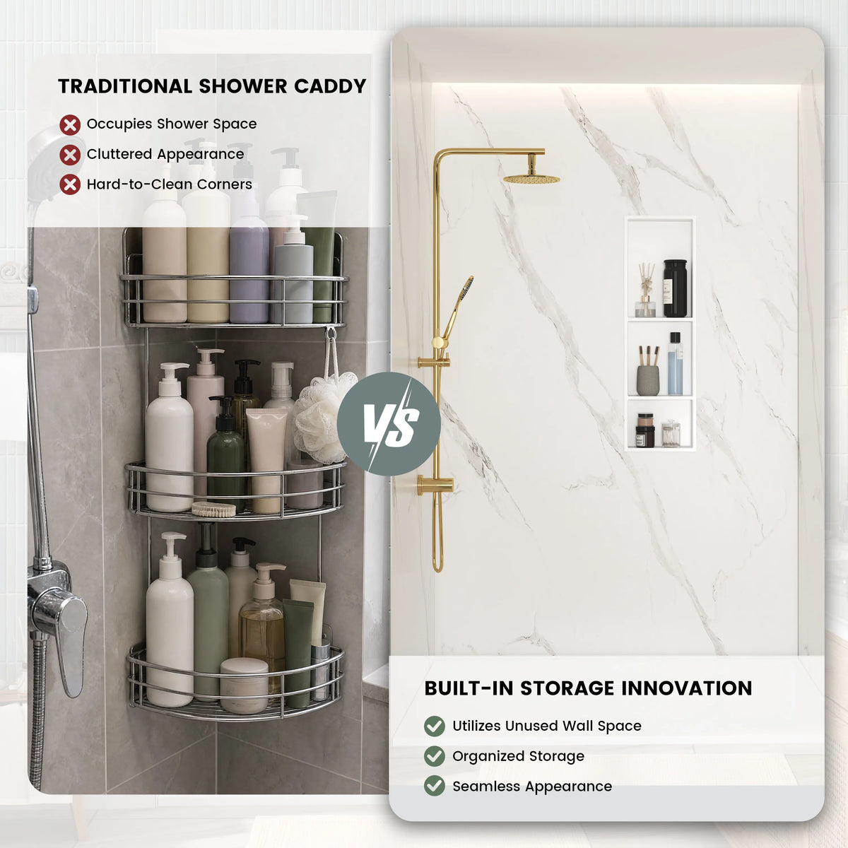 12.2" x 28.7"/39.3" Glossy White SMC Shower Niche with 1 or 2 Shelves