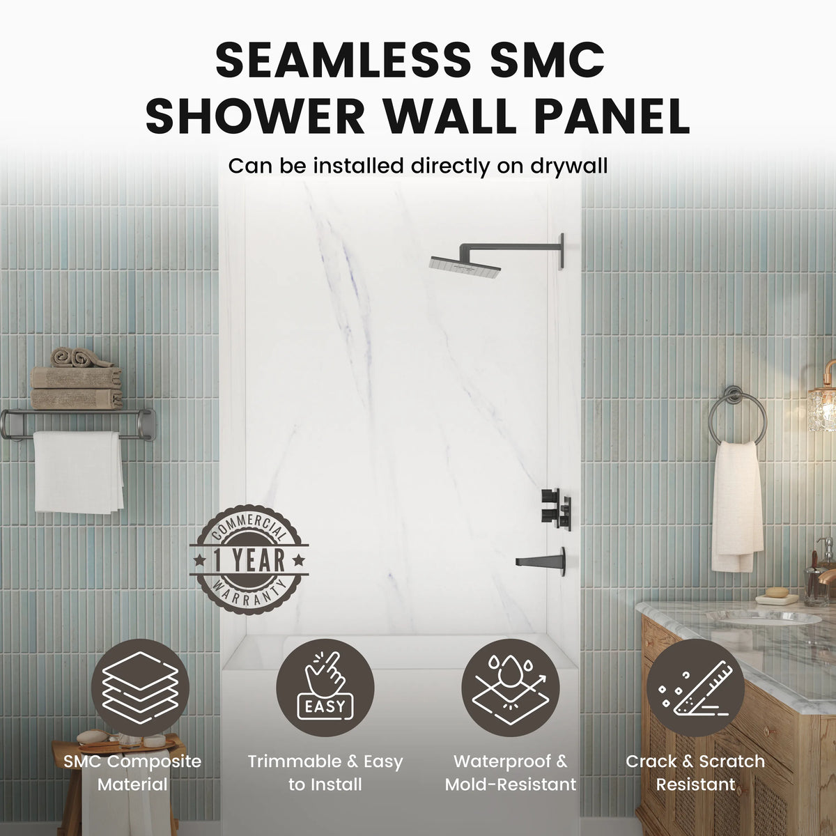 48"x36"x96" Calacatta/Cararra White SMC Shower Wall Panel System, Waterproof Grout-Free Shower Surround