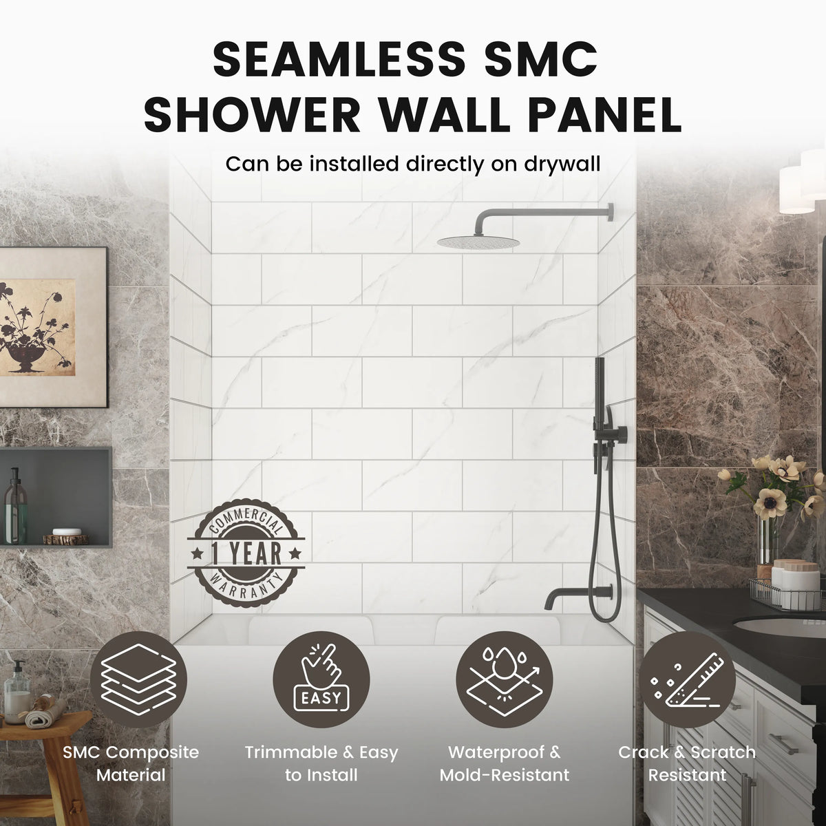 60"x36"/48"x96" Medium Tile Pattern SMC Shower Wall Panel System in 4 Finishes
