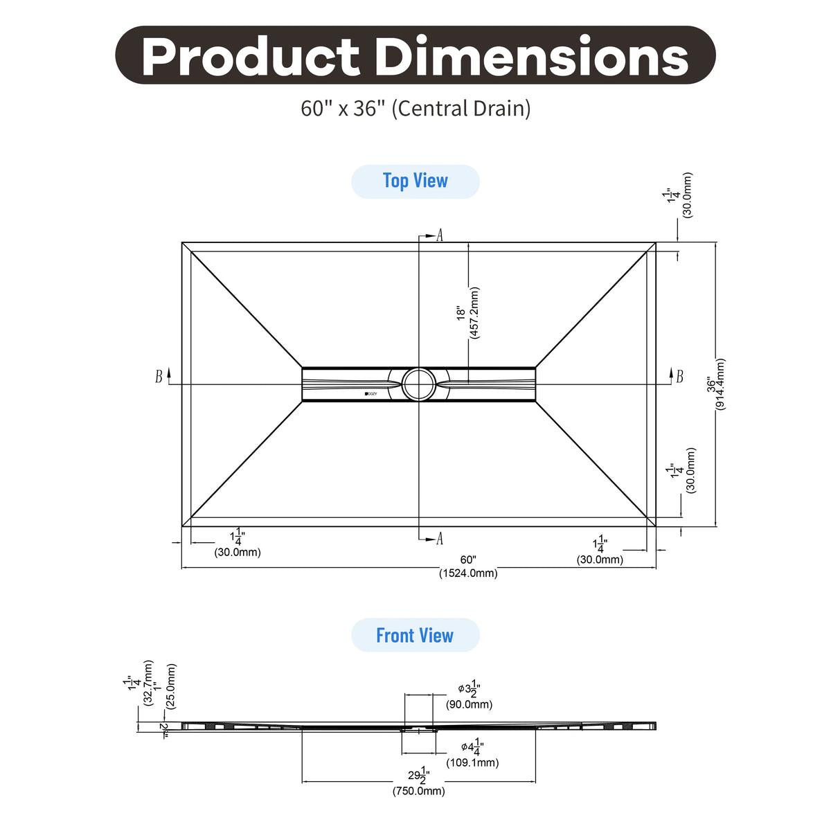 60"x36" White/Calacatta Curbless SMC Shower Base with Flamed Rock Slip-Resistant Surface, Center Drain