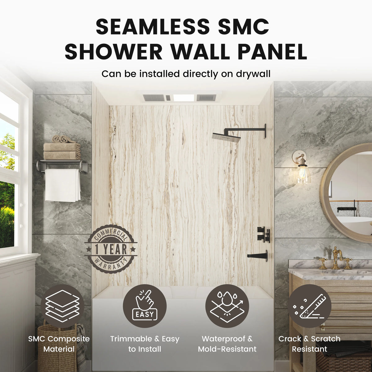 60"x36"x96" SMC Shower Wall Panels, Waterproof Grout-Free Shower Surround in 4 Finishes