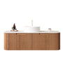 Floating Bathroom Vanity with Curved Edges, Fluted Drawer Fronts, Carrara Sintered Stone Top and Round Ceramic Vessel Sink, Natural Woodgrain / Dark Walnut