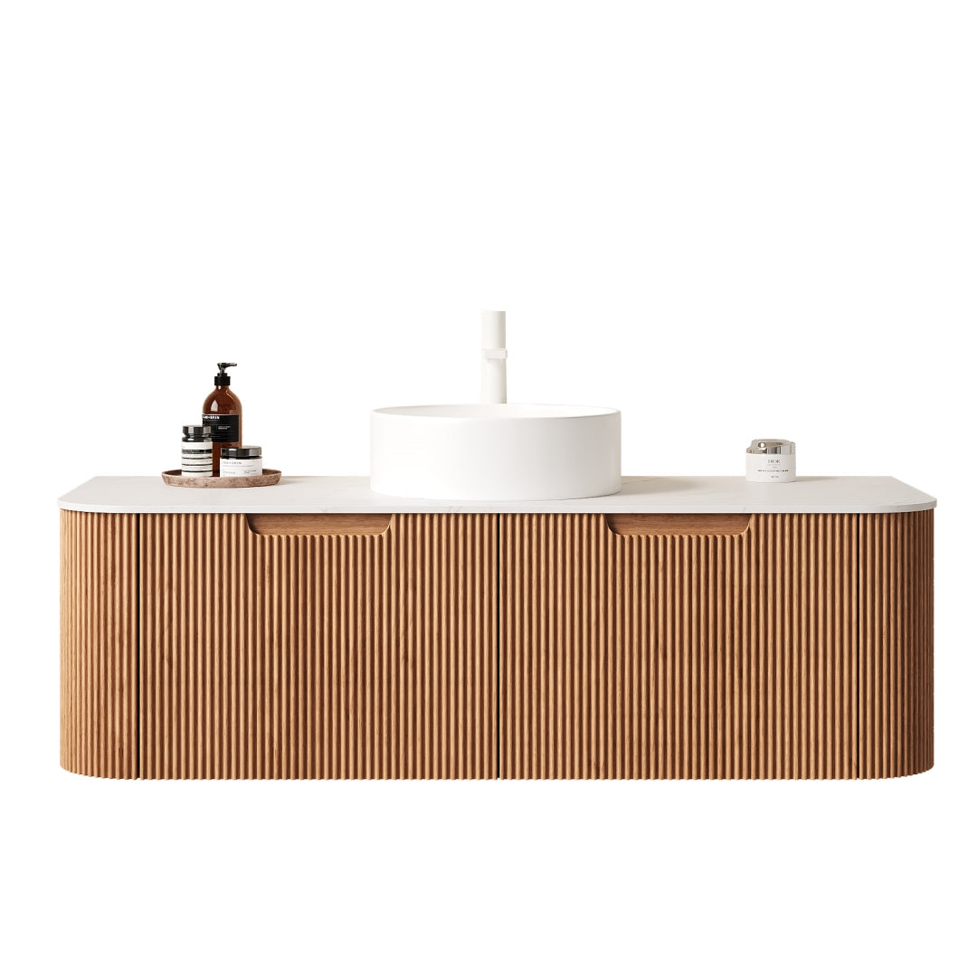 Floating Bathroom Vanity with Curved Edges, Fluted Drawer Fronts, Carrara Sintered Stone Top and Round Ceramic Vessel Sink, Natural Woodgrain / Dark Walnut