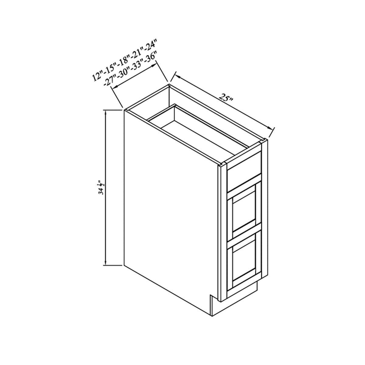 Inset Origami White RTA 12-36"W x 34.5"H x 25"D 9-Size Base Cabinet with 3 Drawers