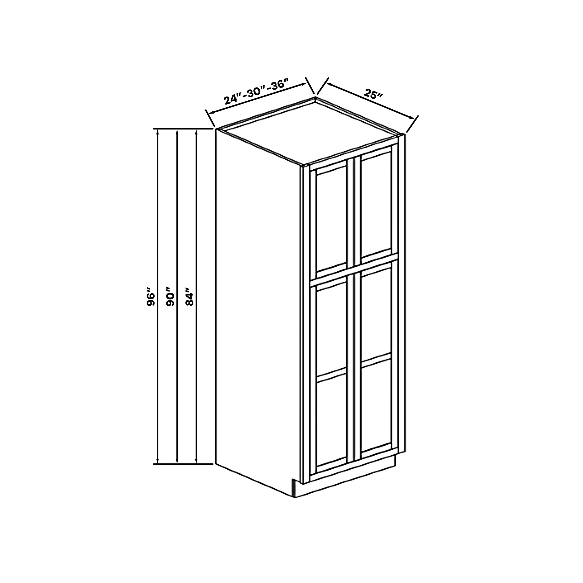 Inset Origami White RTA 24-36"W x 84-96"H x 25"D 9-Size Pantry Cabinet with 4 Doors and 4 Shelves