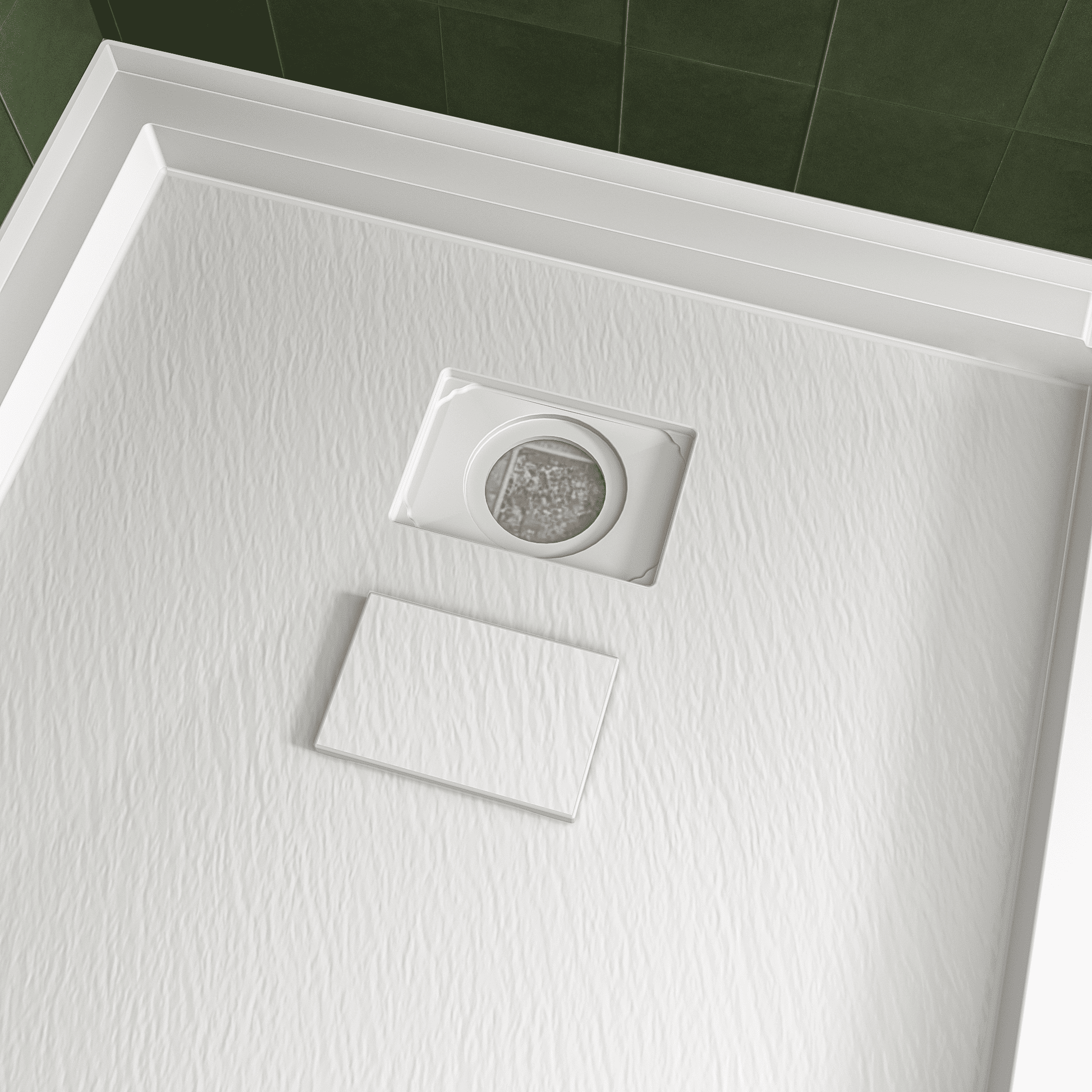 One-piece White Shower Base with Flamed Rock Slip-Resistant Surface, Left/Right Drain