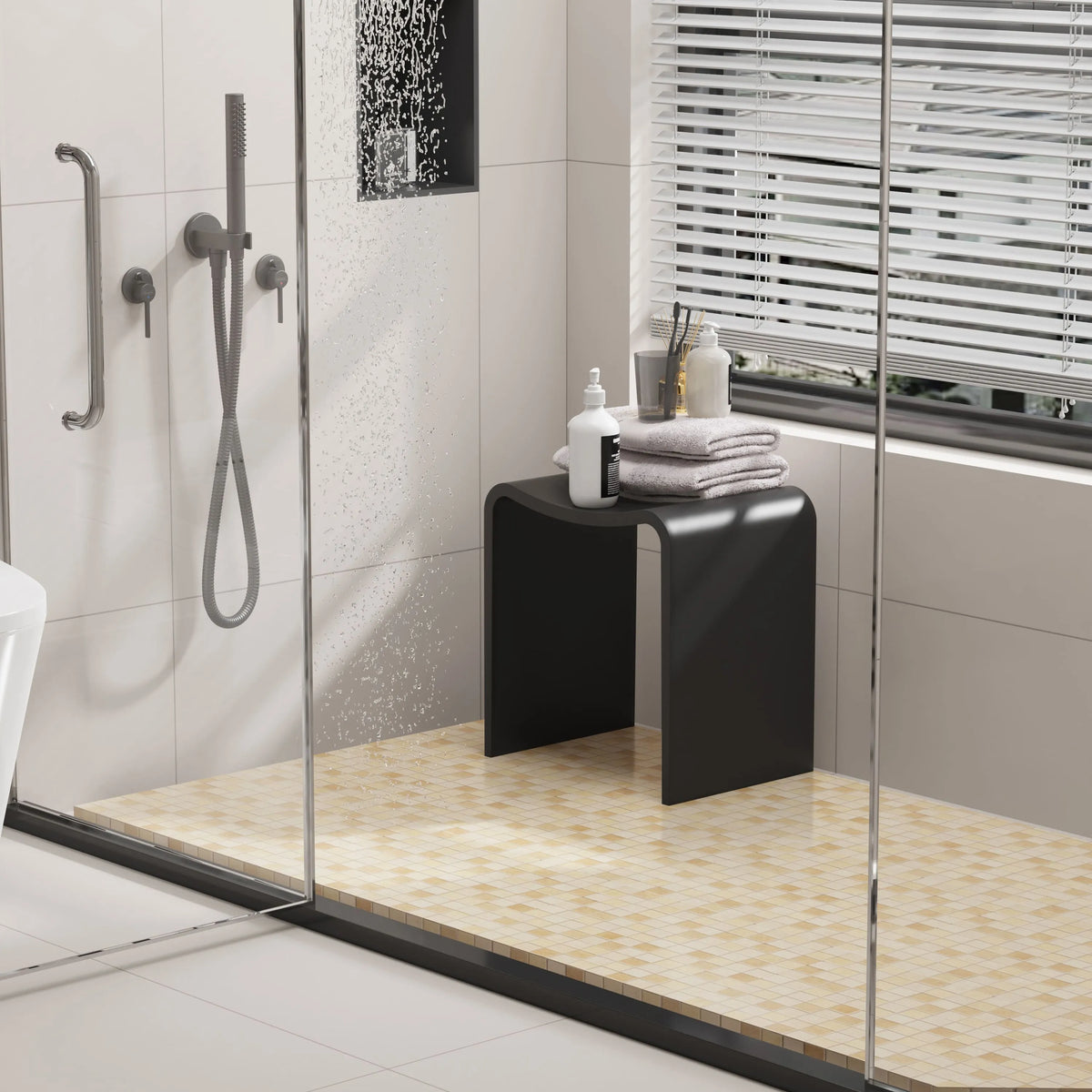 Solid Surface U-Shaped Shower Stool in Matte White / Matte Black