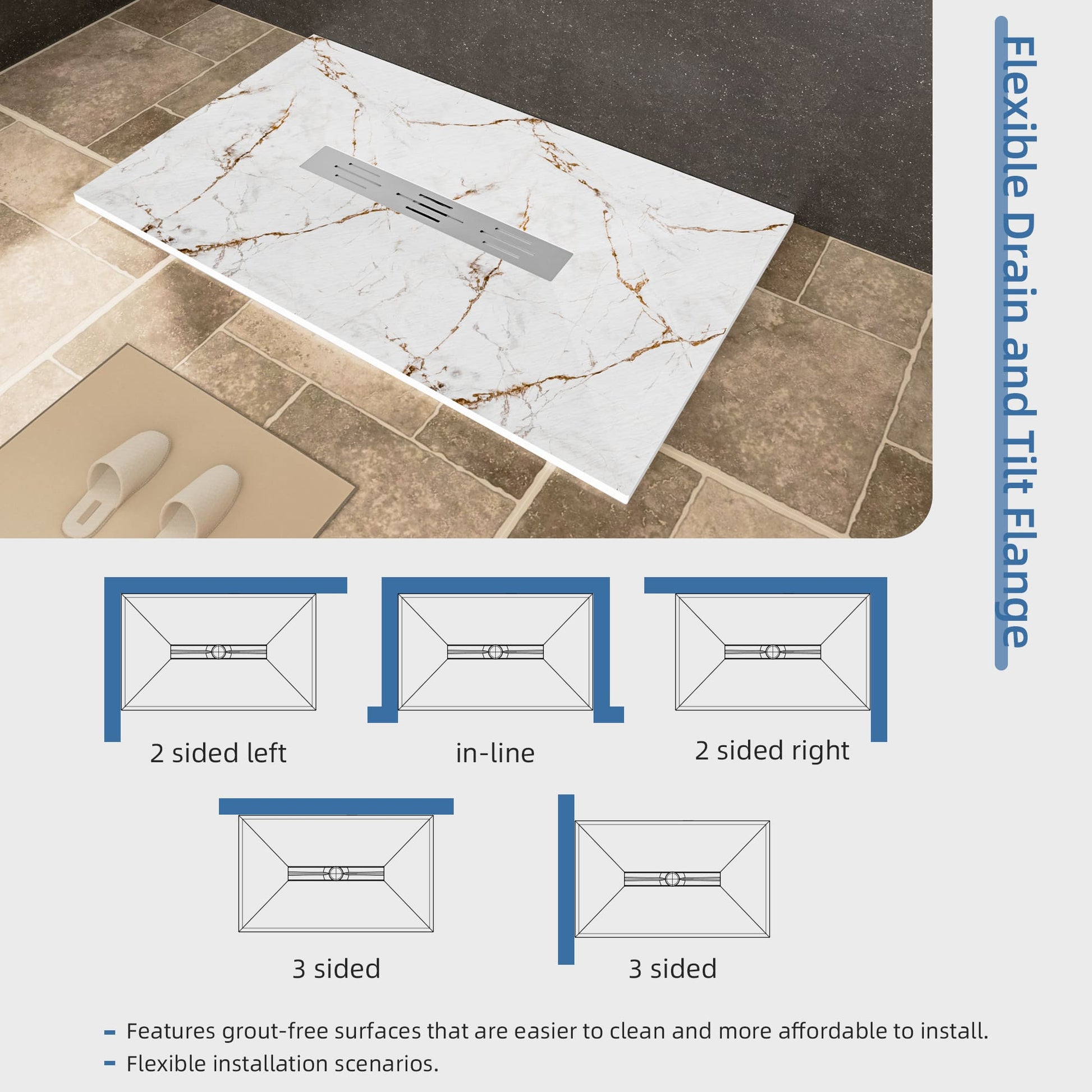 White/Calacatta Curbless SMC Shower Base with Flamed Rock Slip-Resistant Surface, Center Drain