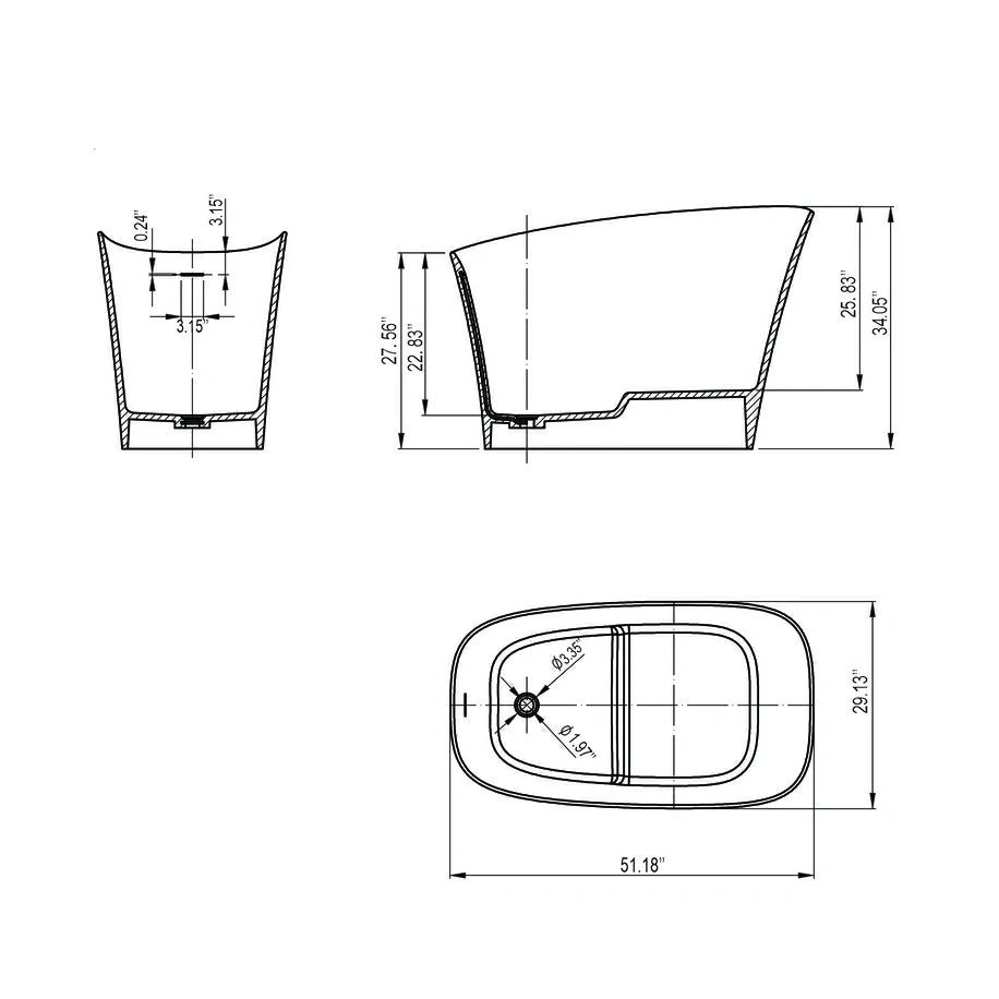 51 Inch Freestanding Solid Surface Deep Soaking Bathroom Bathtub with Seat