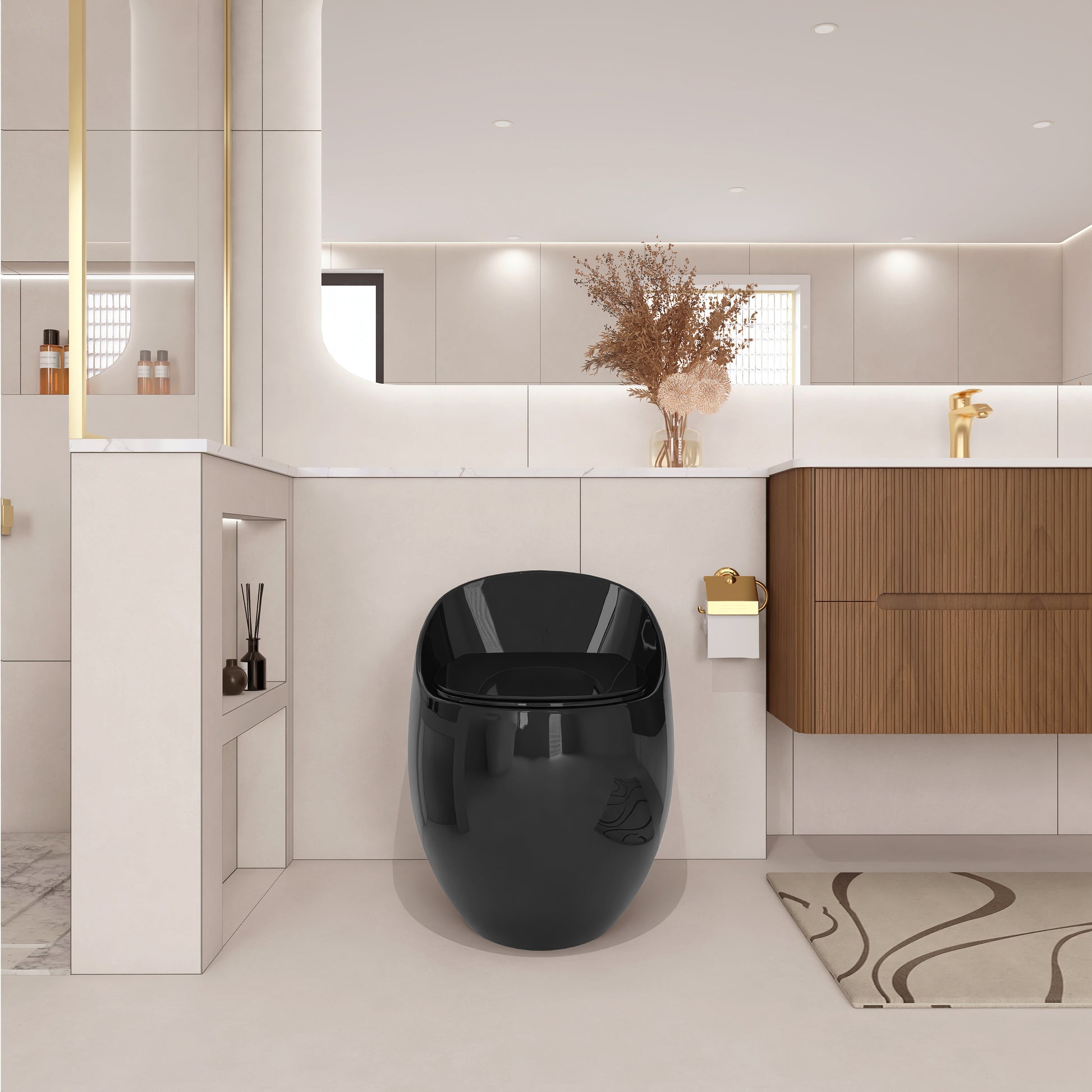 Egg Shape 1-Piece Toilet in Glossy White/Black with 1.28 GPF Single Flush