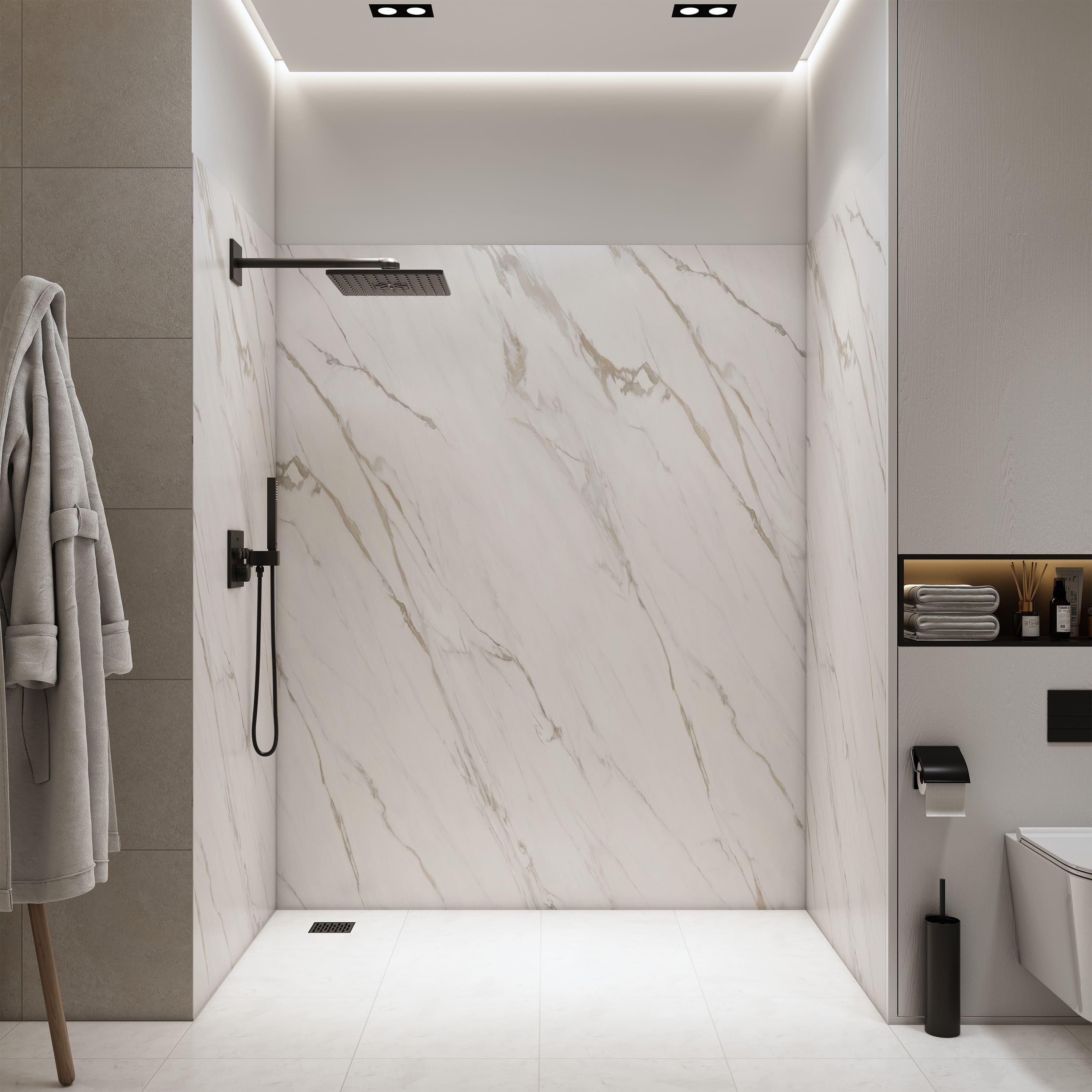 3-Piece Calacatta Gold White SMC Marble Shower Wall Panels for Luxury Shower Spaces