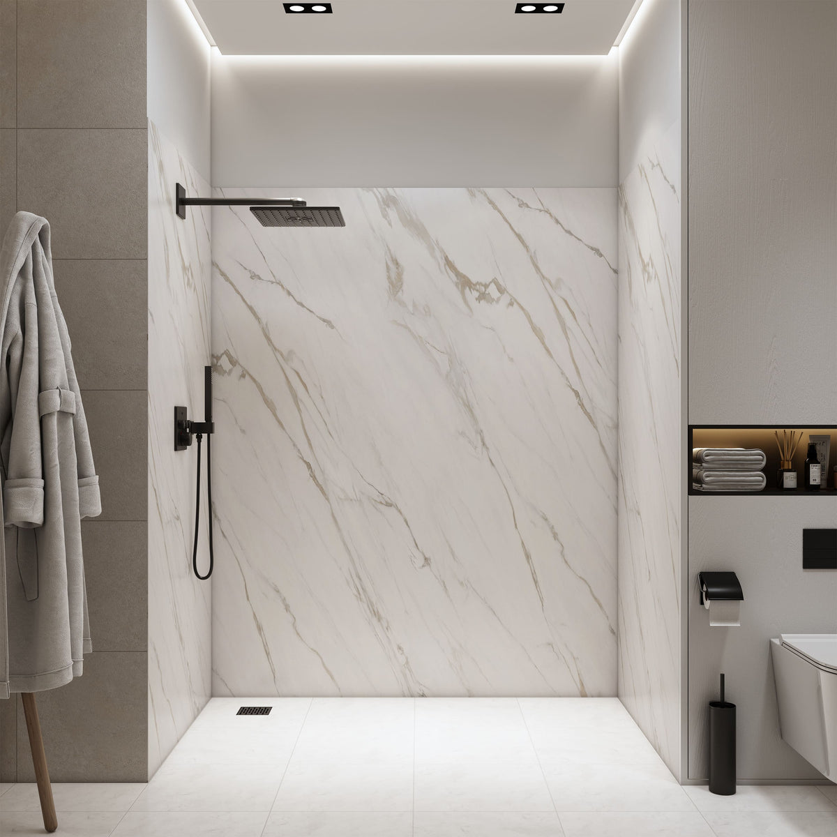 4-Piece Warm Gray Marble Solid Surface Shower Wall Panels for Luxury Shower Spaces