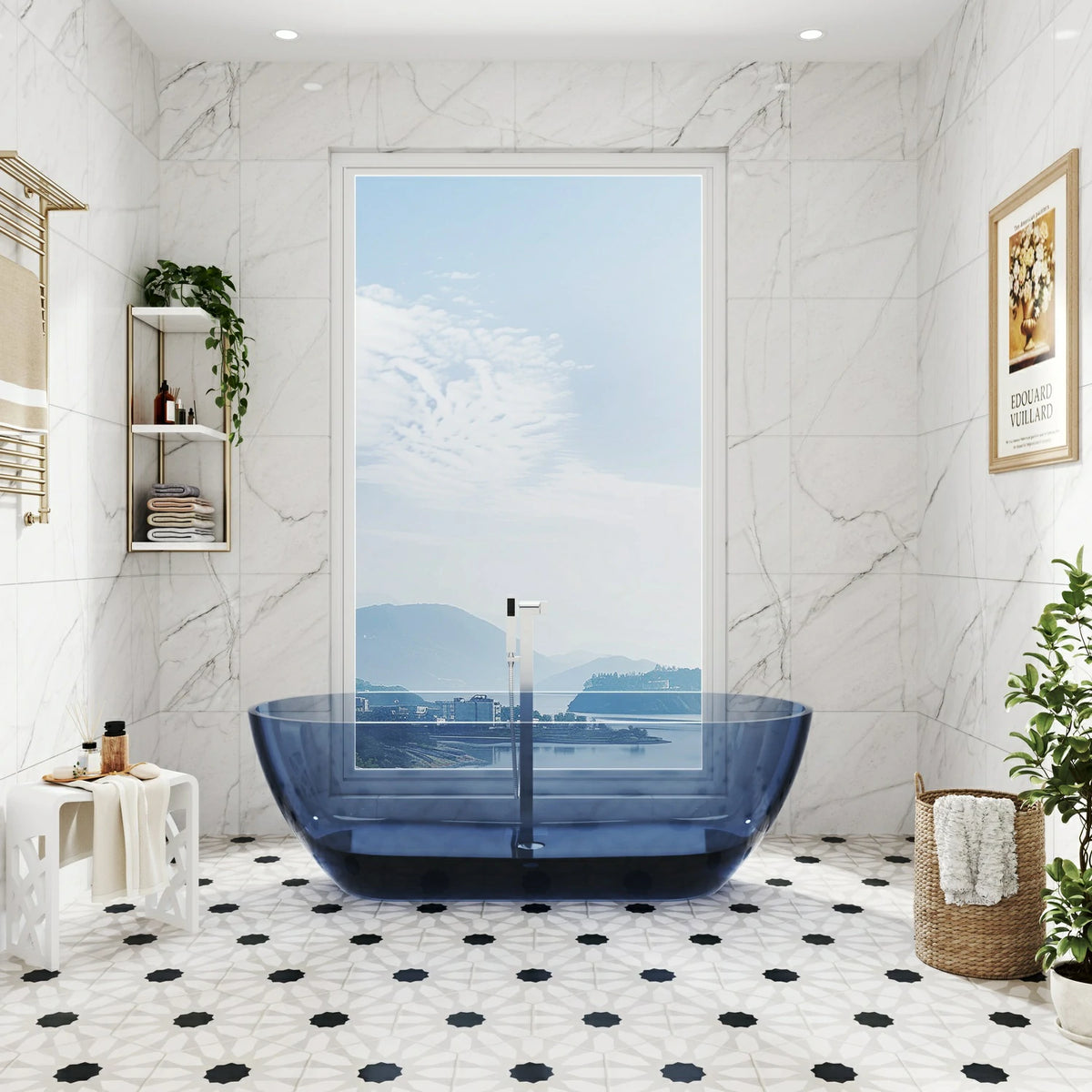 68.9" Modern Oval Freestanding Bathtub, Translucent Grey Blue Deep Soaking Tub for Bathroom