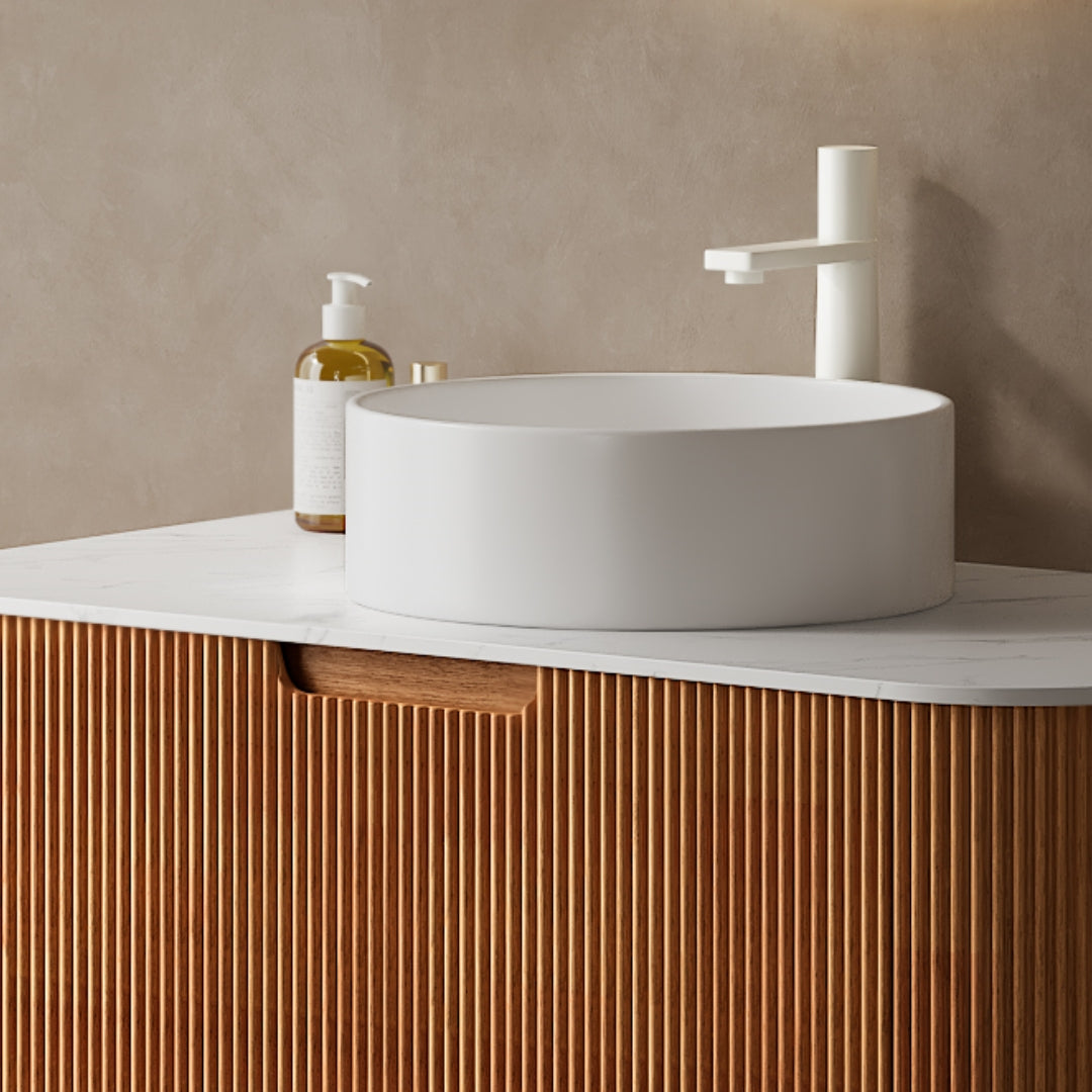 14 in. Round Ceramic Vessel Bathroom Sink in Glossy White / Stone Pattern Matte White