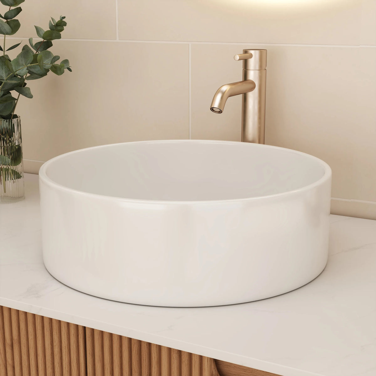 14 in. Round Ceramic Vessel Bathroom Sink in Glossy White / Stone Pattern Matte White