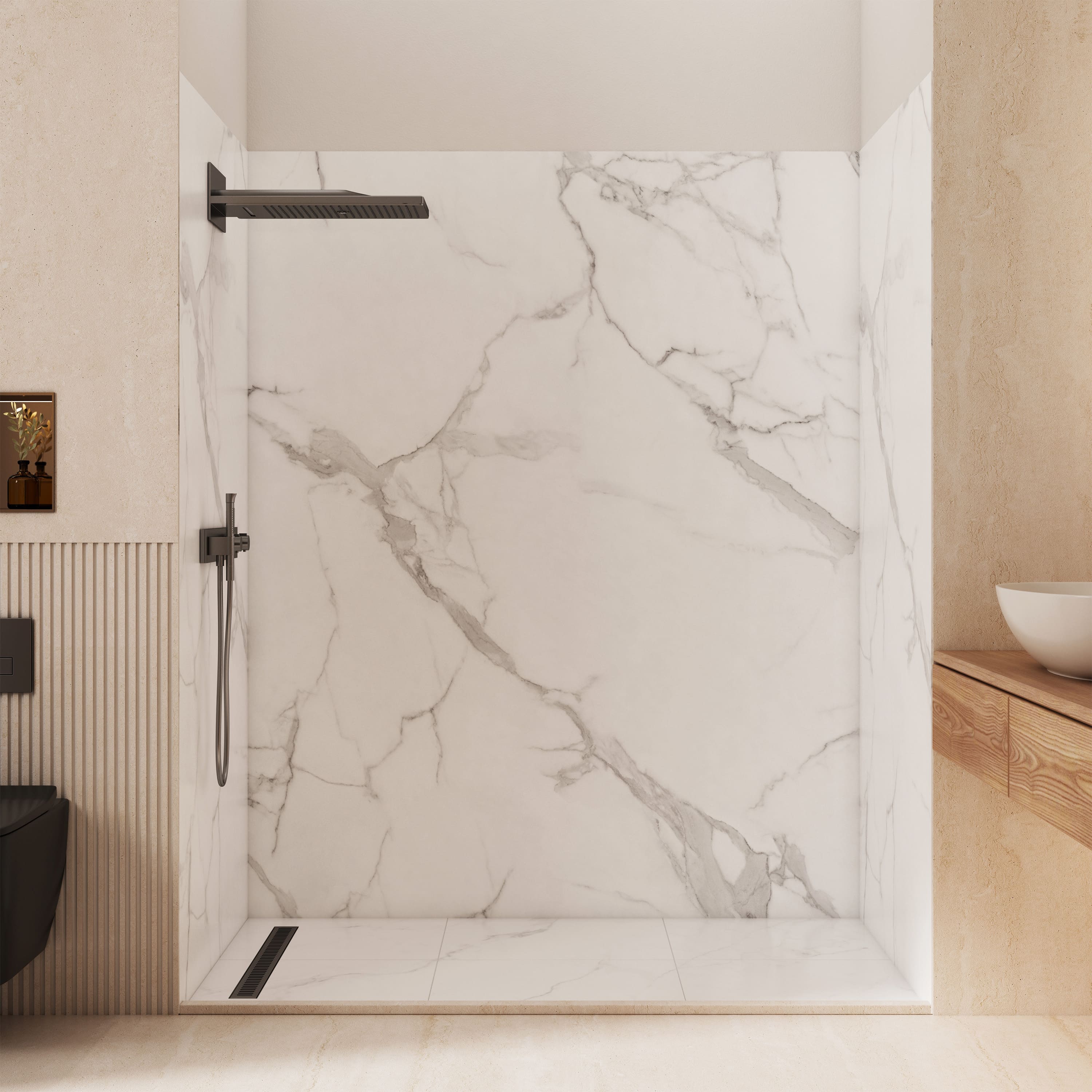3-Piece Carrara White SMC Marble Shower Wall Panels for Contemporary Showers