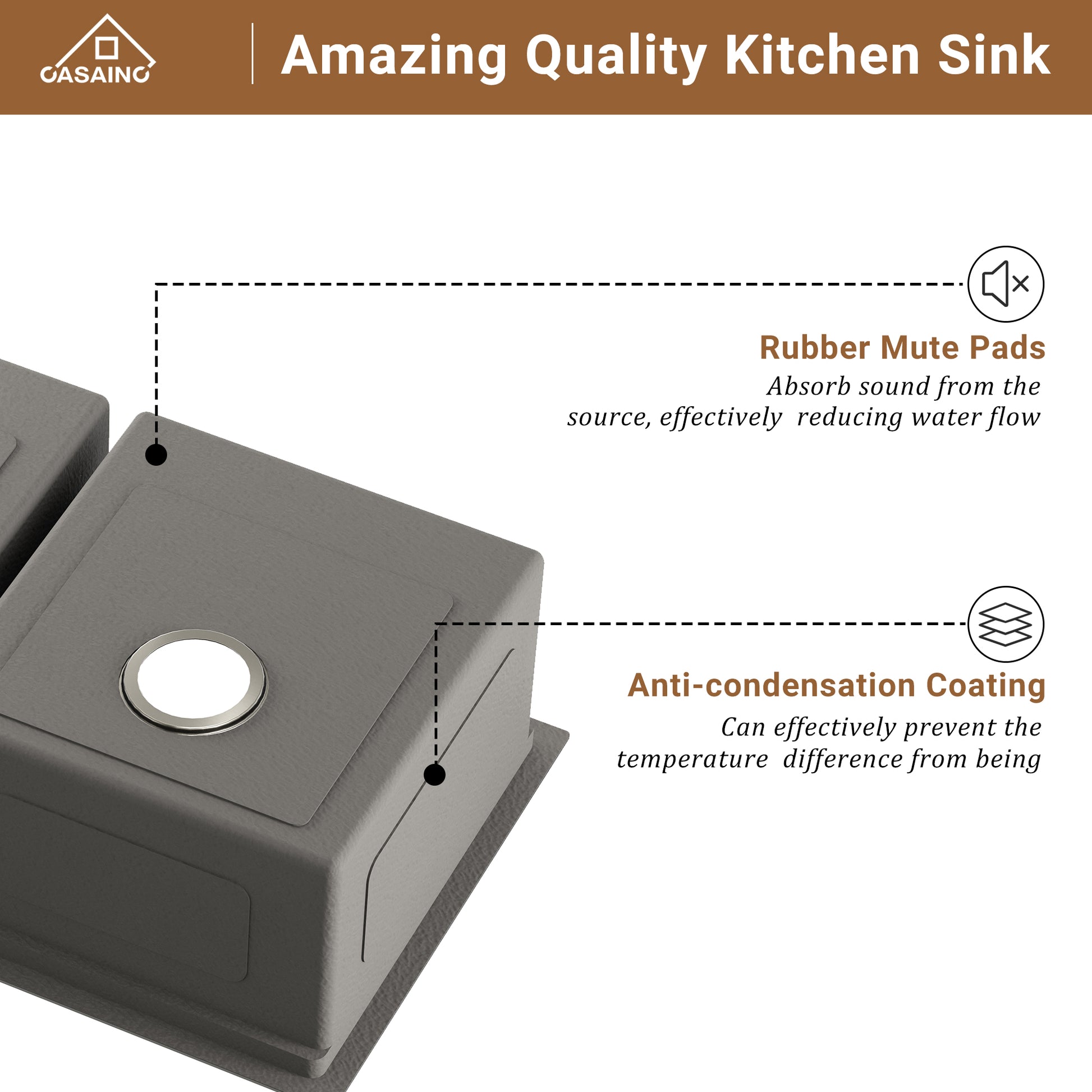 Casainc Undermount Stainless Steel 33-inch Double Bowl Kitchen Sink in Brushed