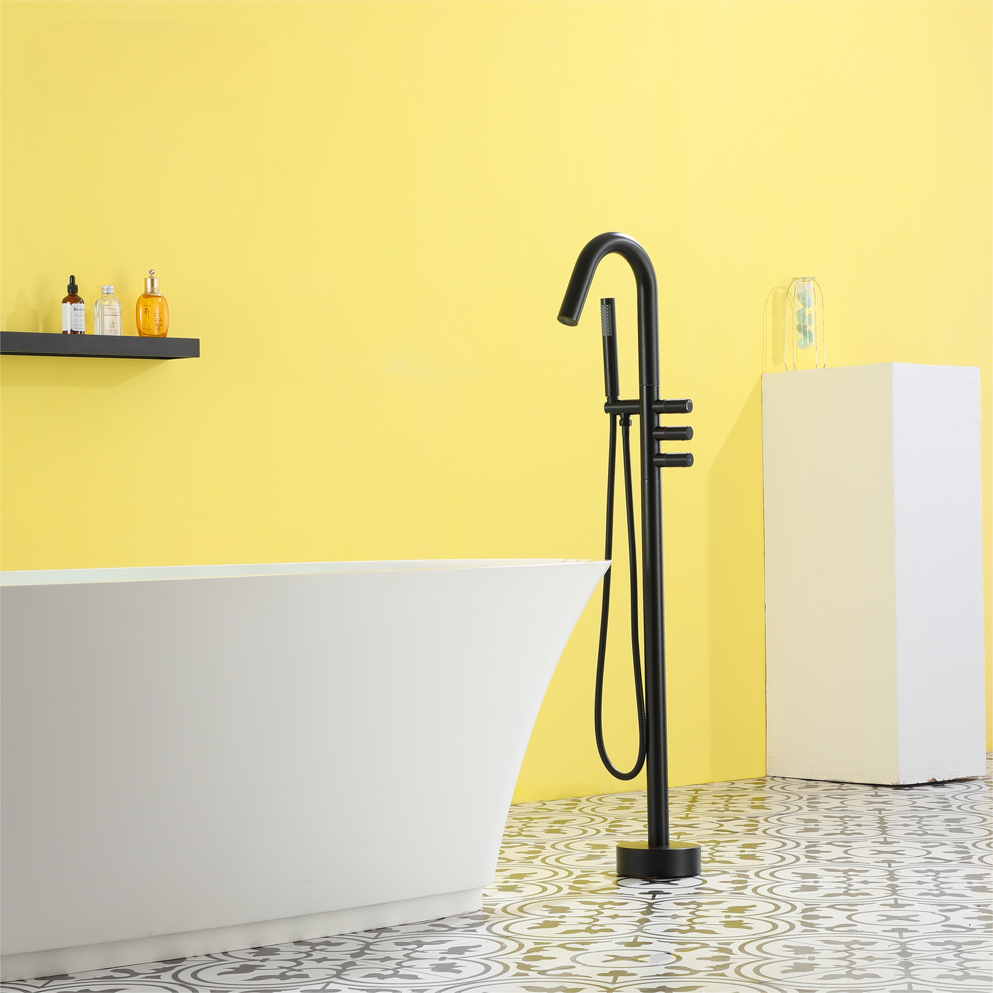 Freestanding Floor Mount Tub Filler Faucet with Handheld Shower in Solid Brass Construction