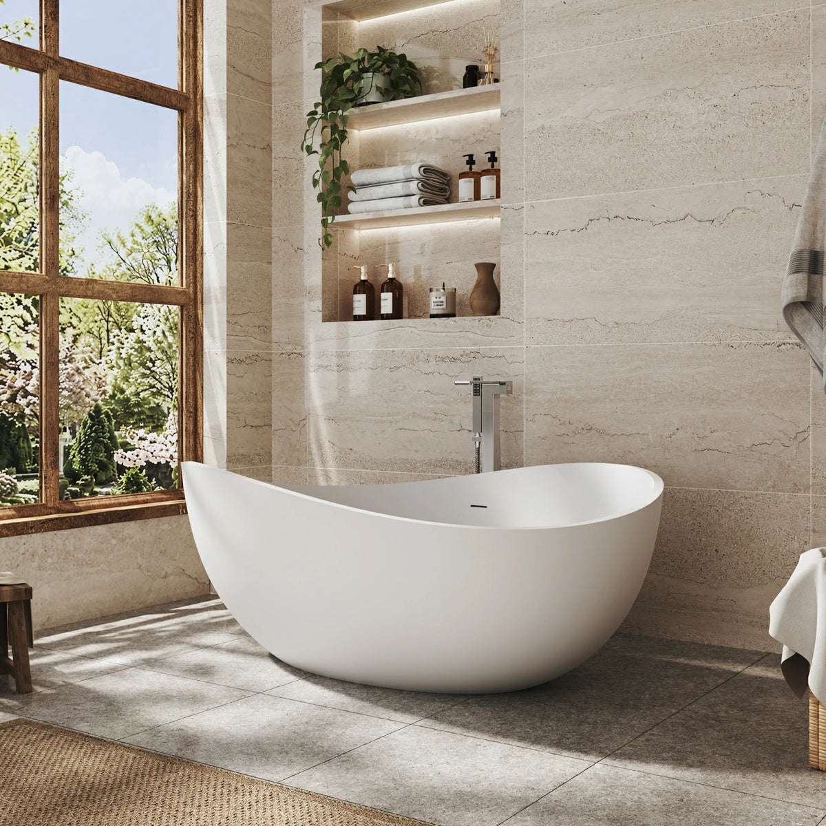 63" Modern Solid Surface Freestanding Soaking Bathtub with Sculptural Oval Design