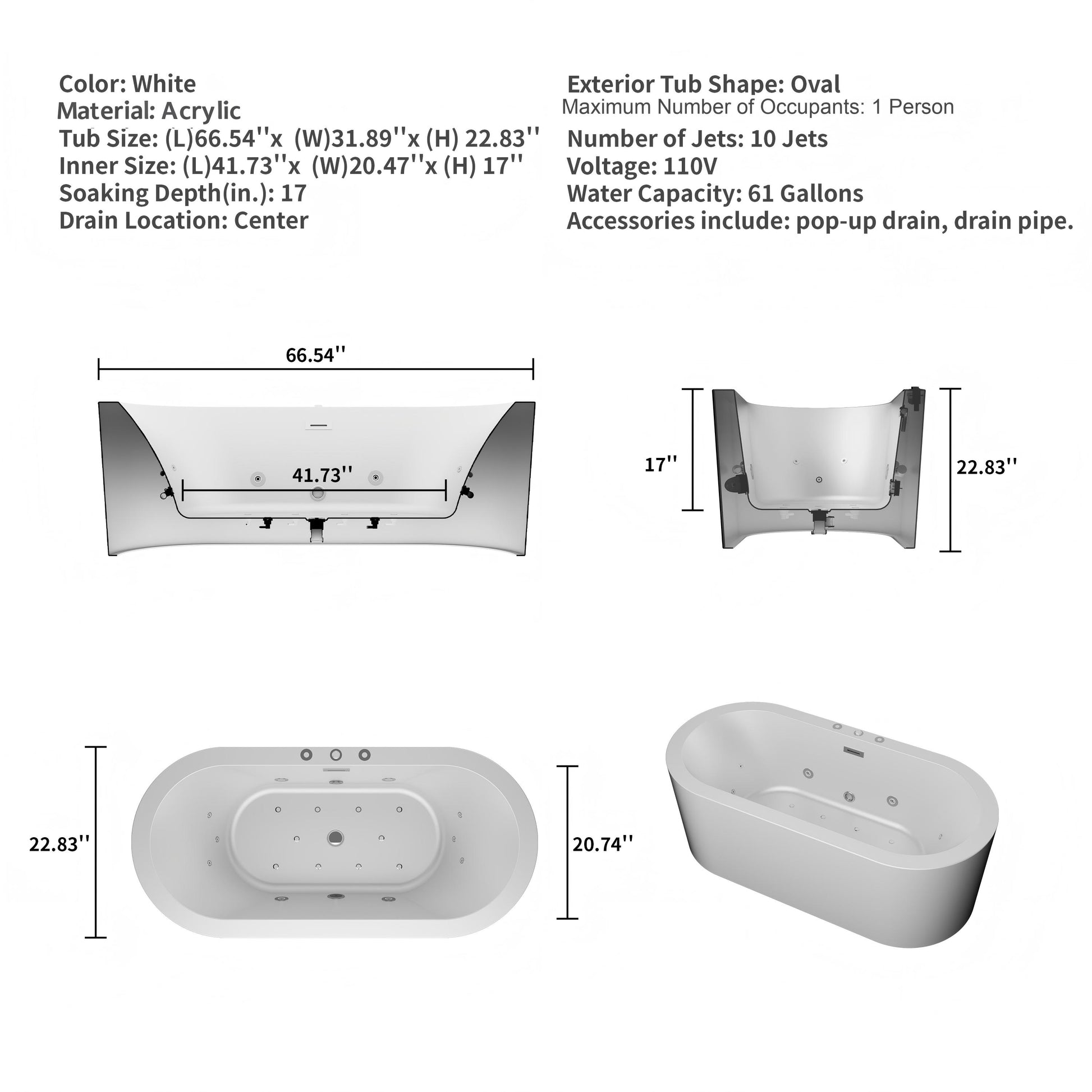 CasaCrylic 67" Luxury Freestanding Oval Whirlpool Baths with Dual Jet Therapy & Chromotherapy Lighting